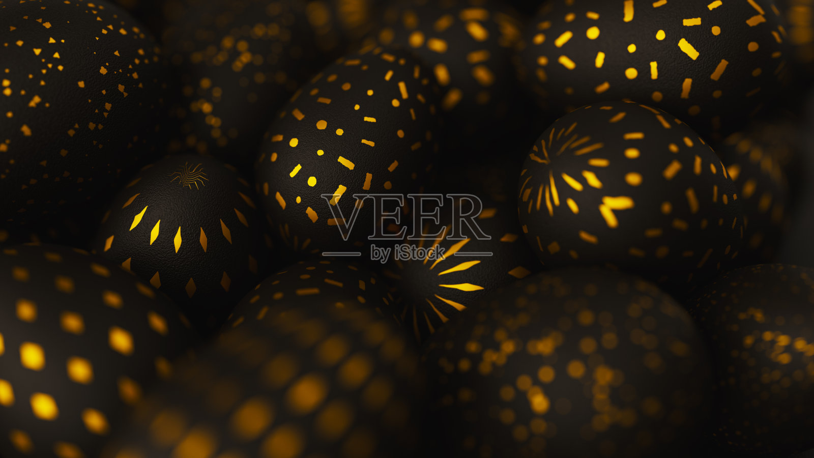 一堆黑色复活节彩蛋，黑色背景上有金色的装饰。三维渲染插图照片摄影图片