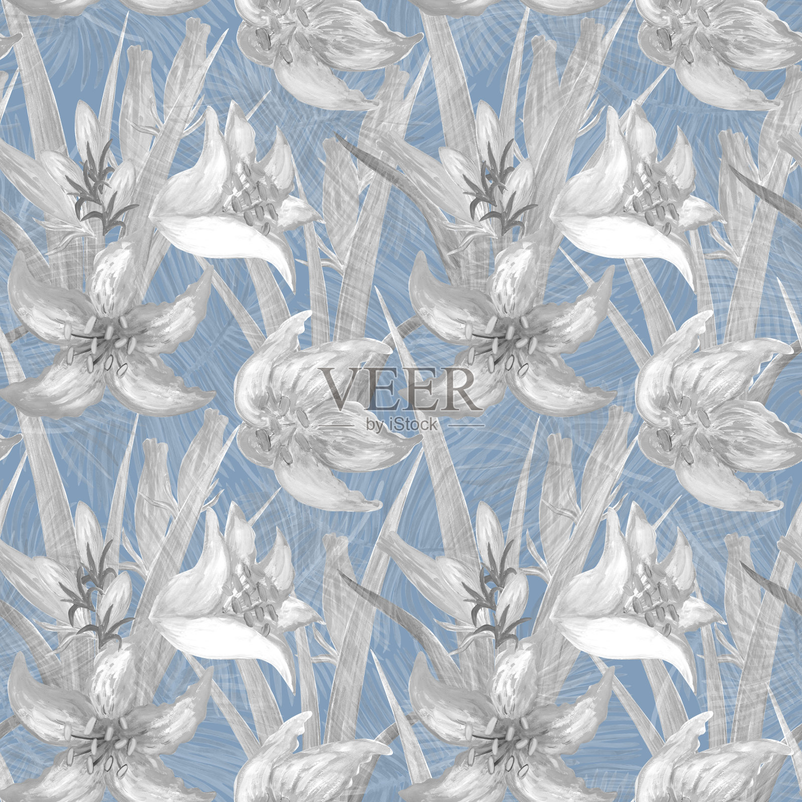 抽象温柔无缝模式与黑白水彩百合在蓝色背景。插画图片素材