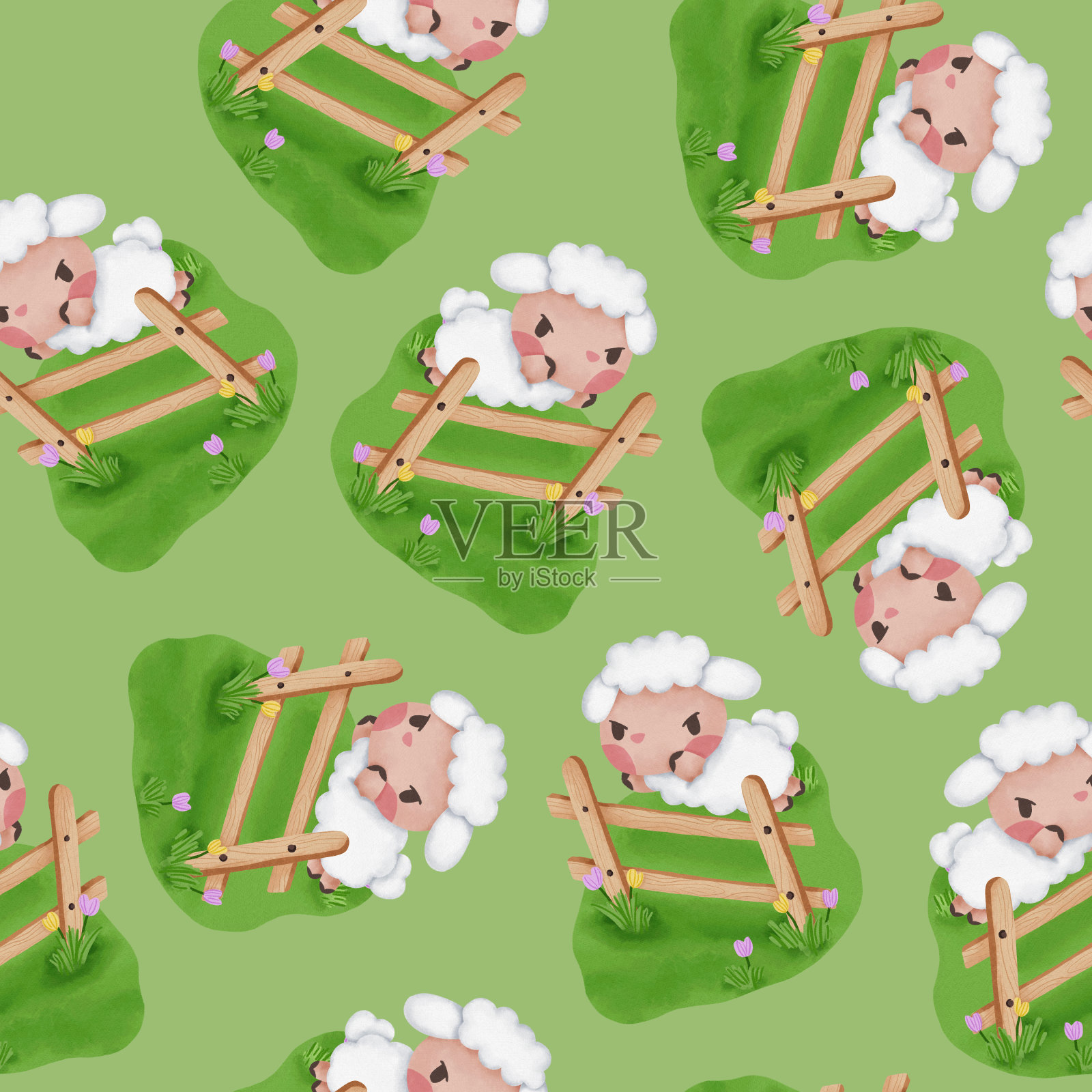 可爱的绵羊水彩无缝图案为印花纸背景纺织面料插画图片素材