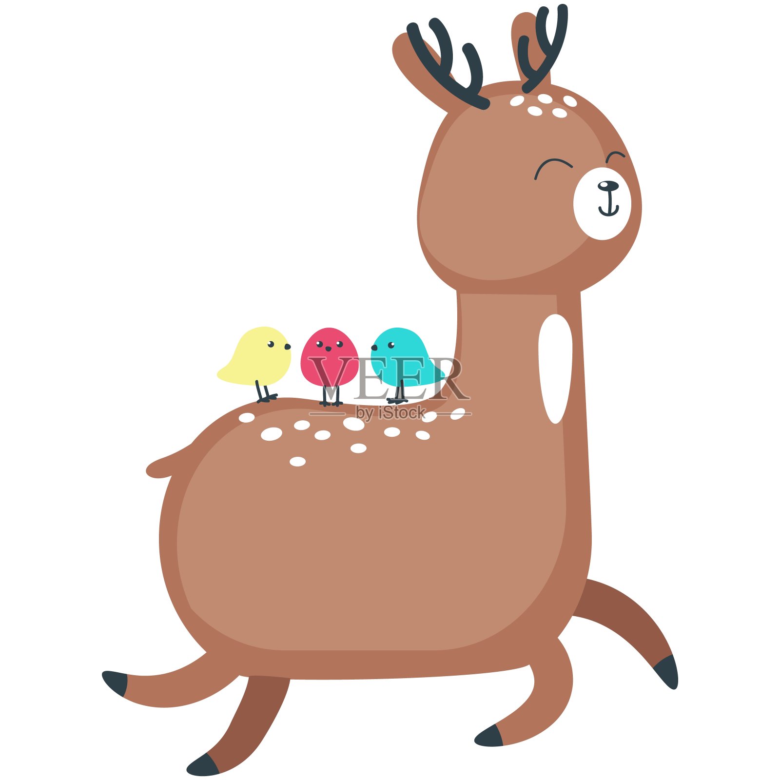 快乐可爱的鹿与鸟矢量卡通图标插画图片素材