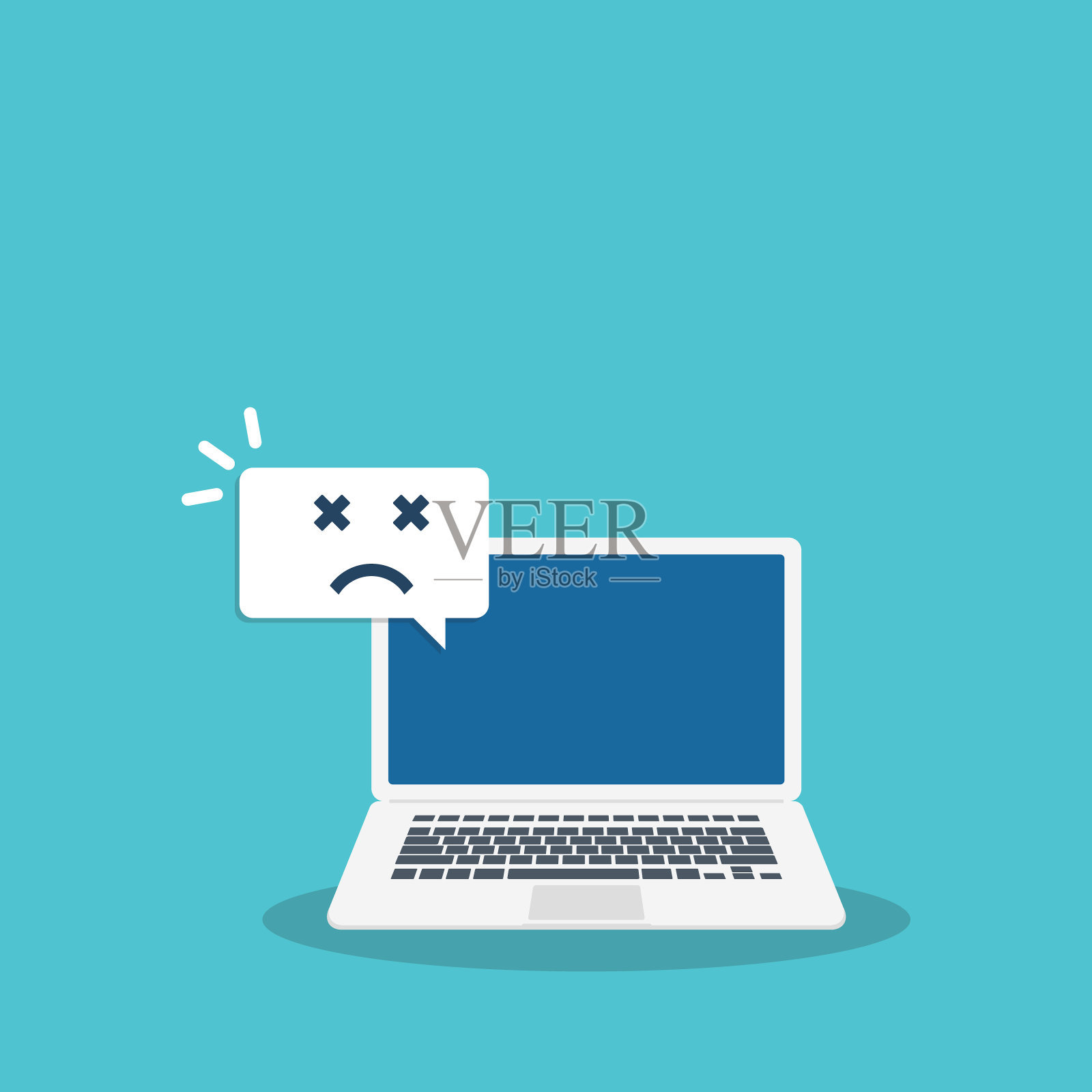 坏掉的笔记本带着悲伤的微笑。损坏的笔记本电脑服务，恢复和修复概念，符号与复制空间。插画图片素材