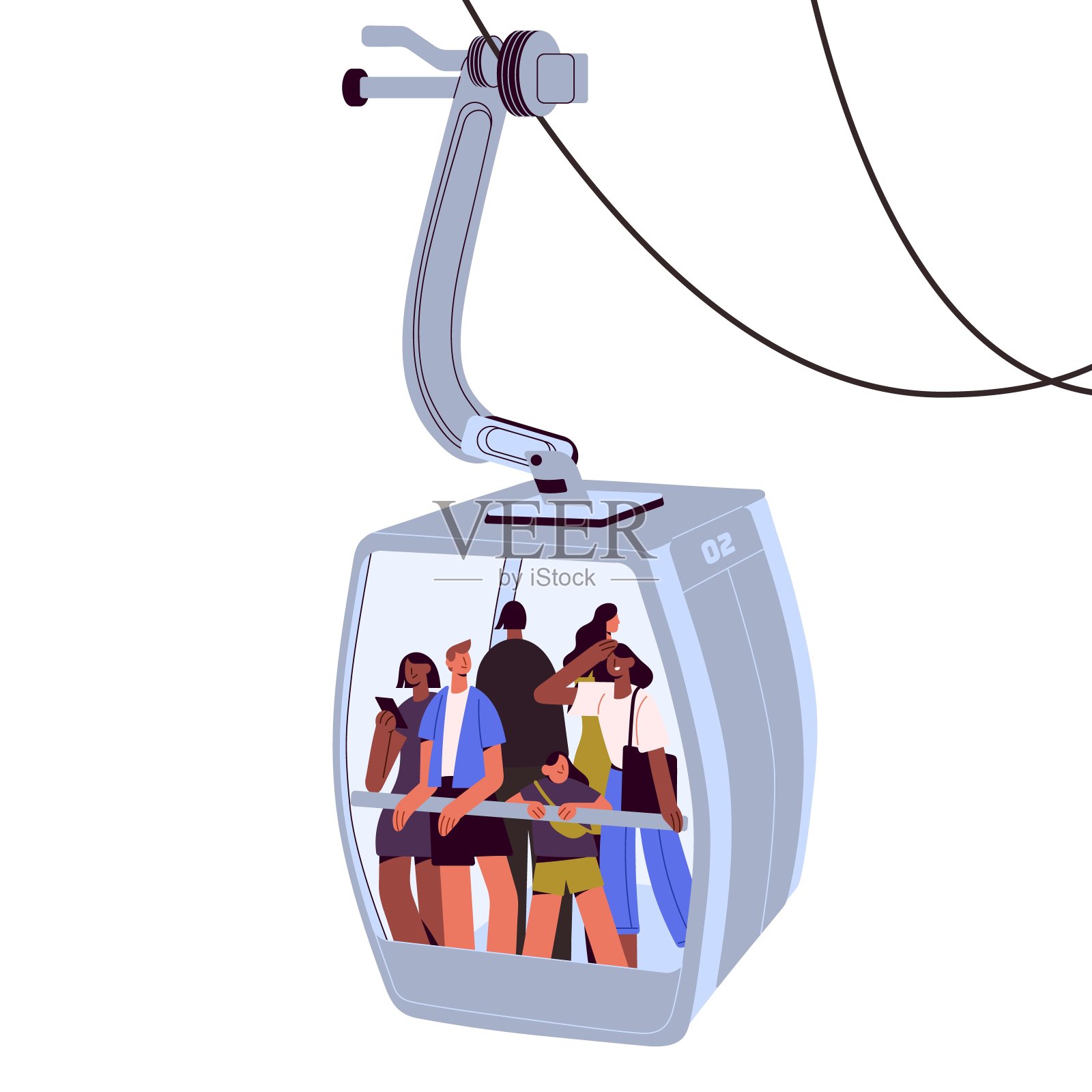 游客在索道玻璃舱，旅游索道。高空吊索道、空中缆车内载客。平面矢量插图孤立在白色背景上插画图片素材