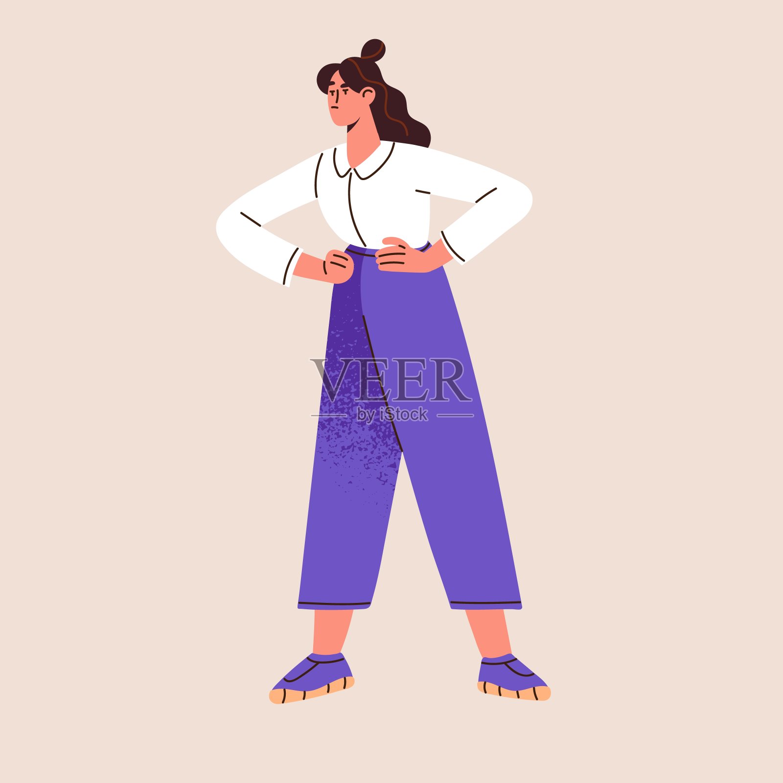 不满的办公室职员把胳膊放在臀部。不满不满的职场女性以消极困惑不满的情绪、失望、不悦、厌恶的表达。平面矢量图插画图片素材