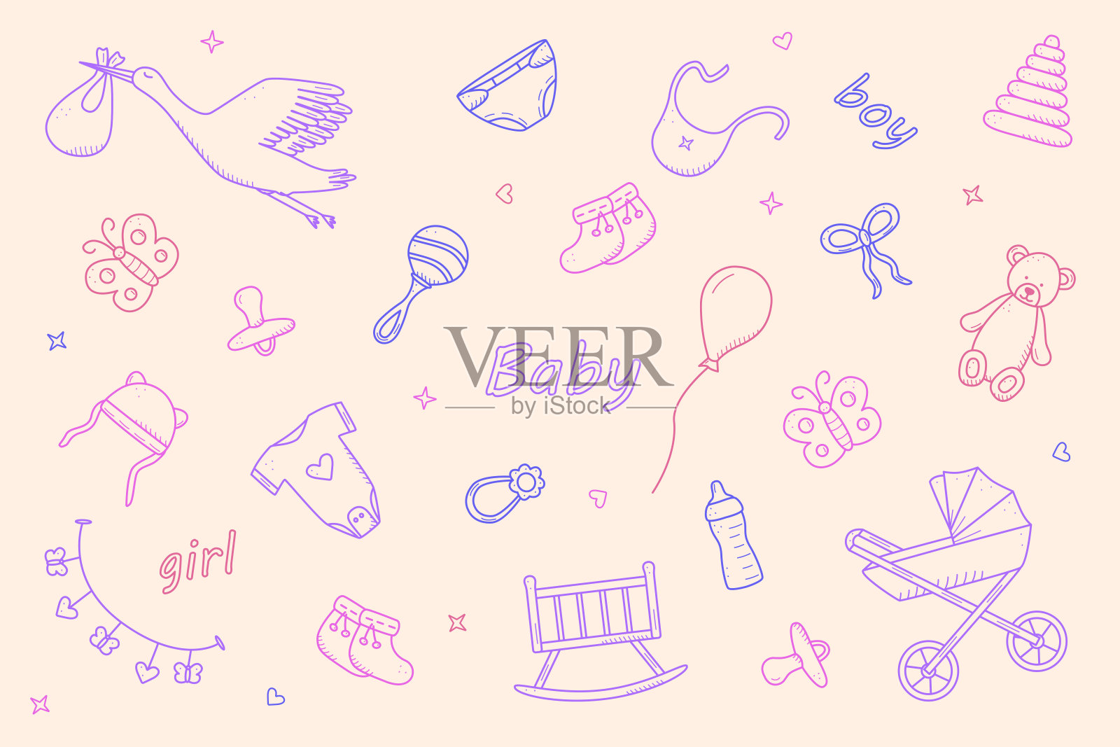 新生图标设置涂鸦风格。婴儿元素的矢量插图。插画图片素材