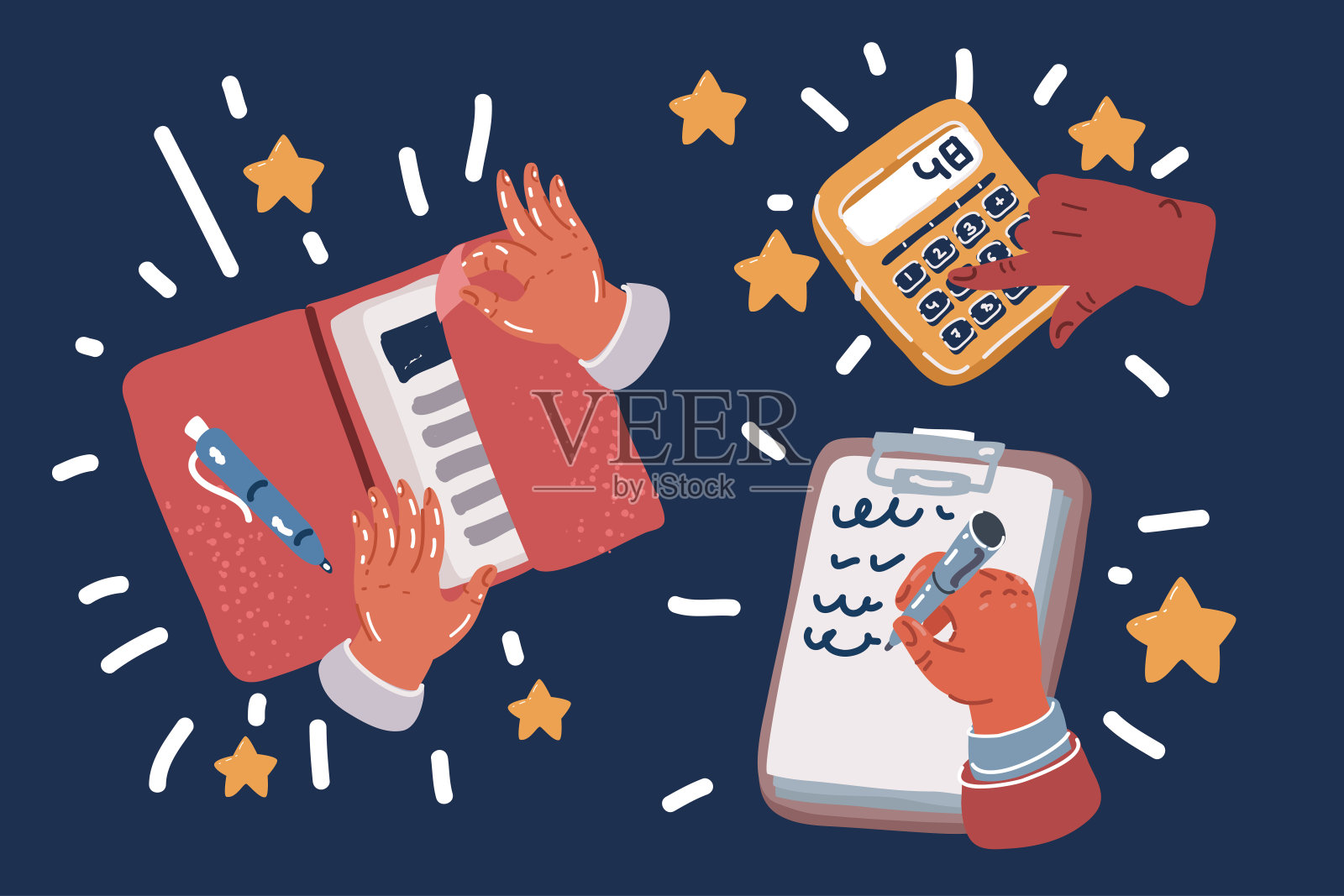 剪贴板的卡通矢量插图与计算器上的手计算，管理预算，手打开文件夹，钢笔。办公室工作插画图片素材