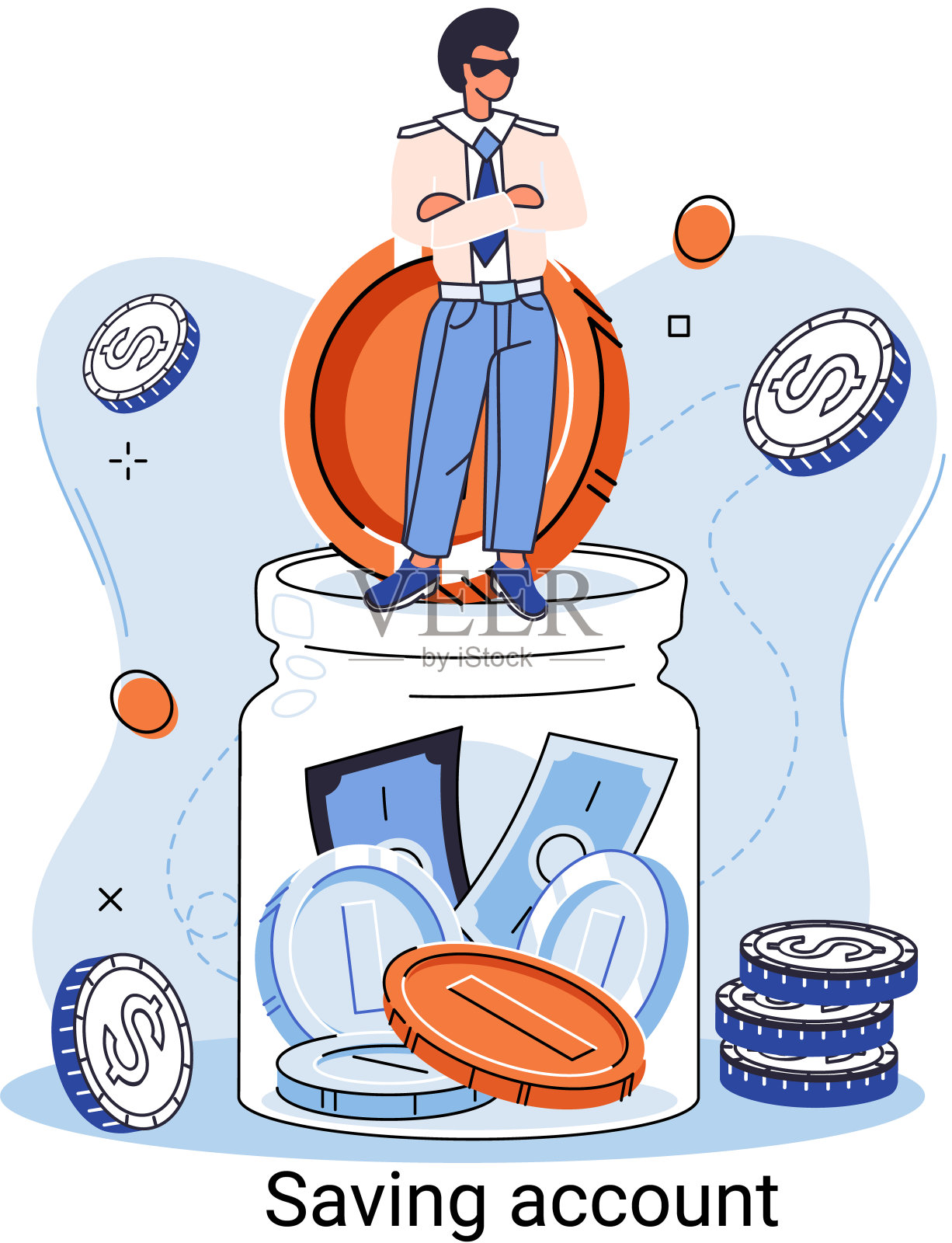 储蓄账户概念。男子把硬币放进储蓄罐。银行账户积累资金、财富设计元素图片