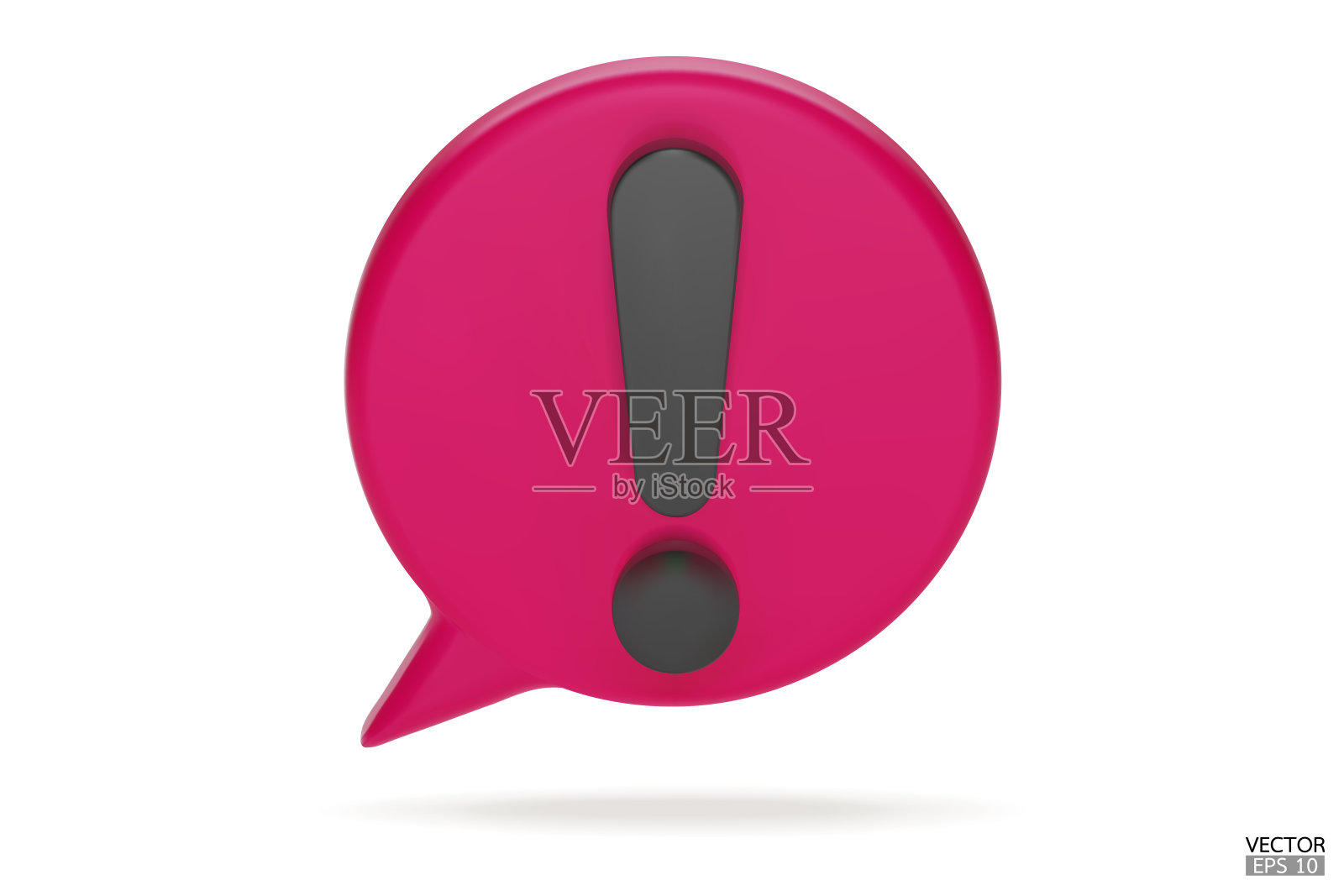 三维现实的粉红色圆形警告标志，白色背景。危险警告注意标志。语音气泡与感叹号。评论图标。危险，警报，危险图标。三维矢量插图。图标素材