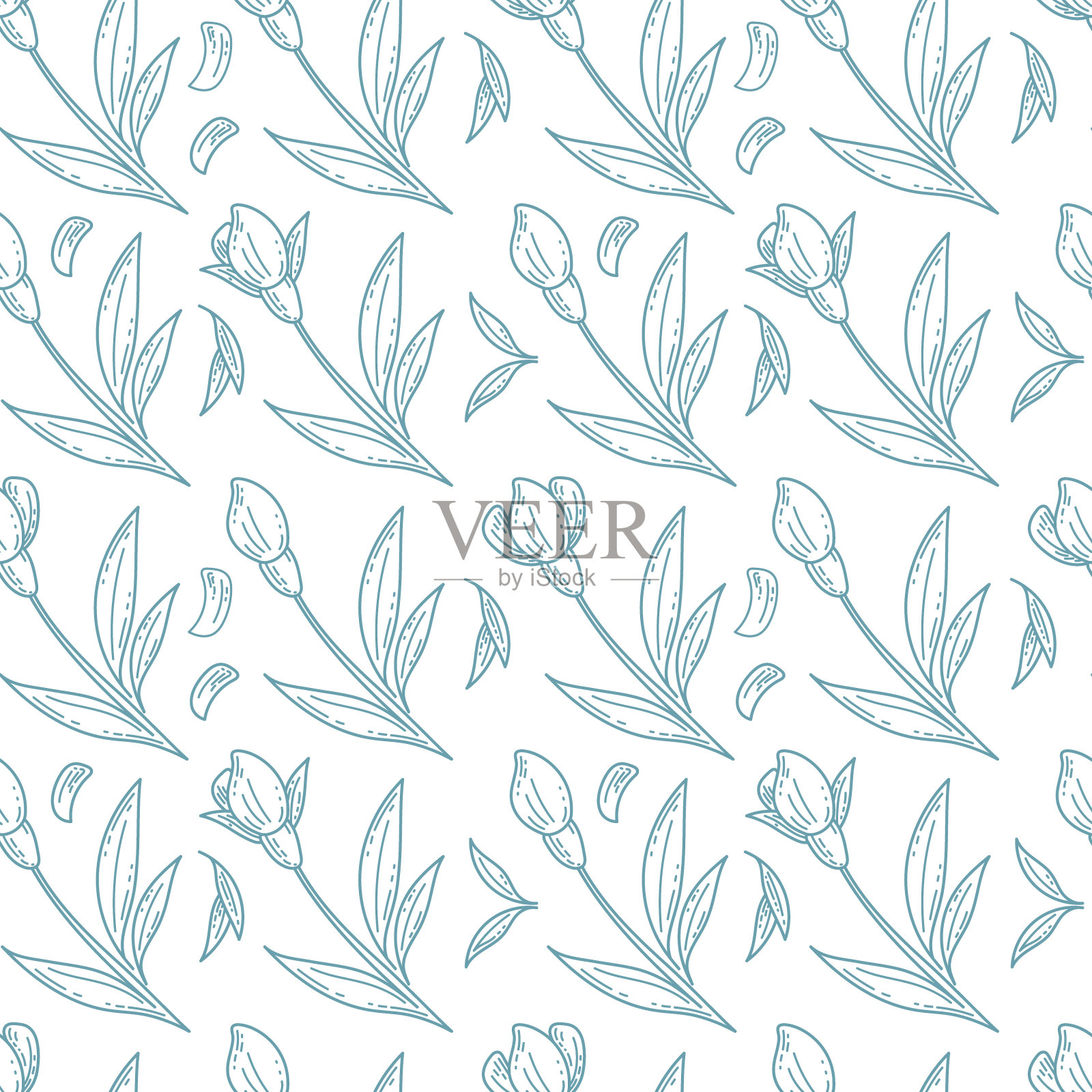 图形无缝模式与手绘春天的花朵，叶子和花瓣在素描风格。插画图片素材