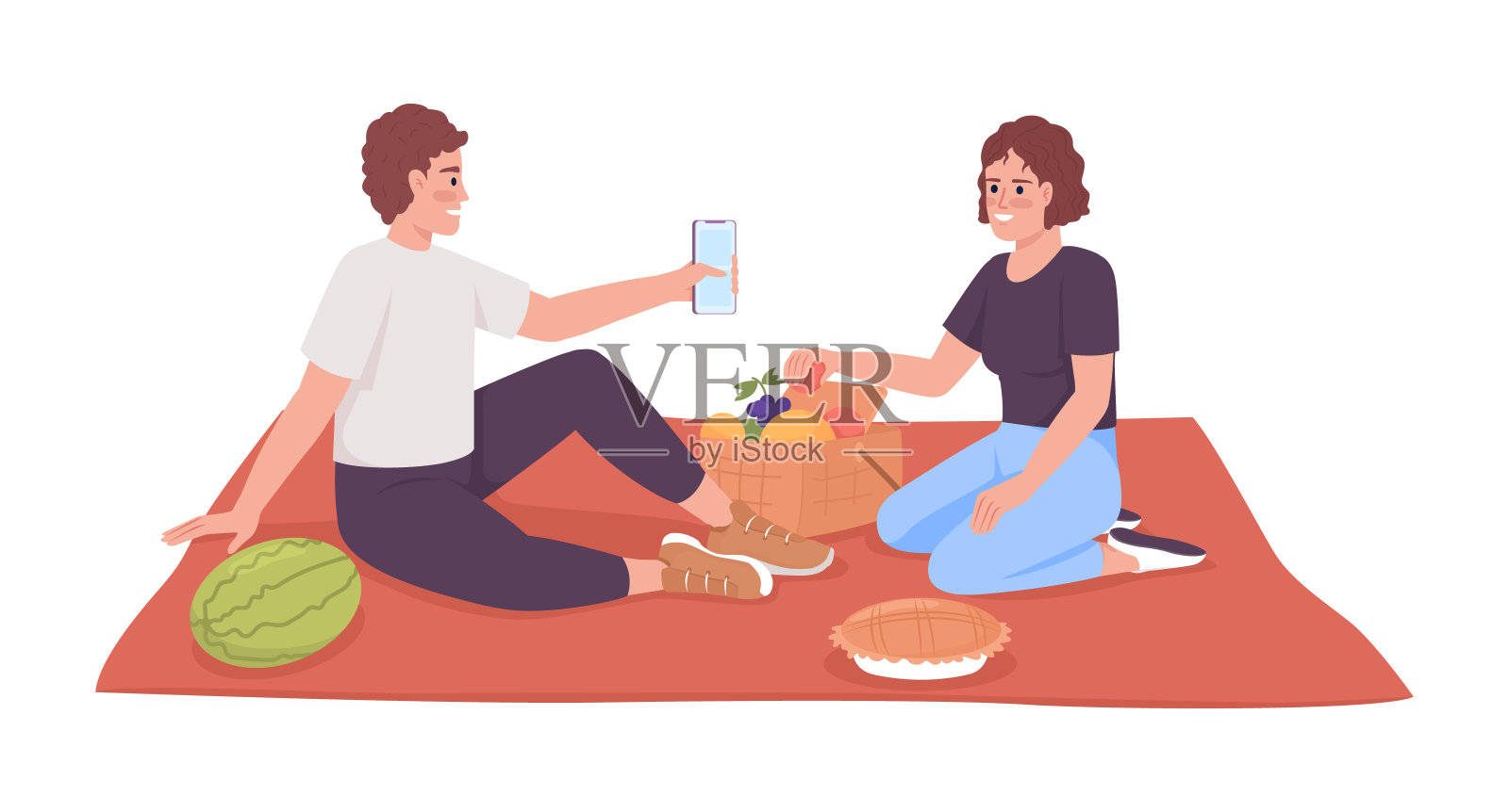 情侣享受浪漫野餐约会半平面彩色矢量字符插画图片素材