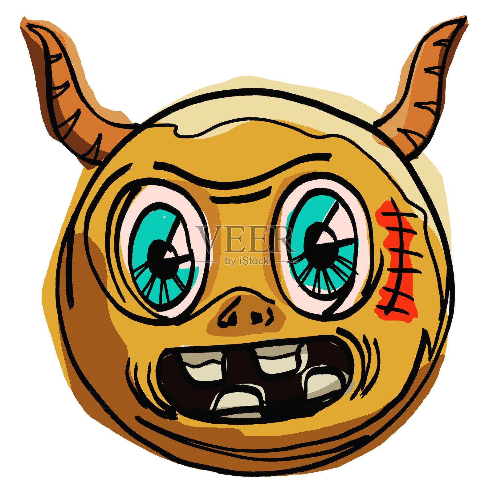 可爱的魔鬼头与伤疤和角的丙烯画插图插画图片素材