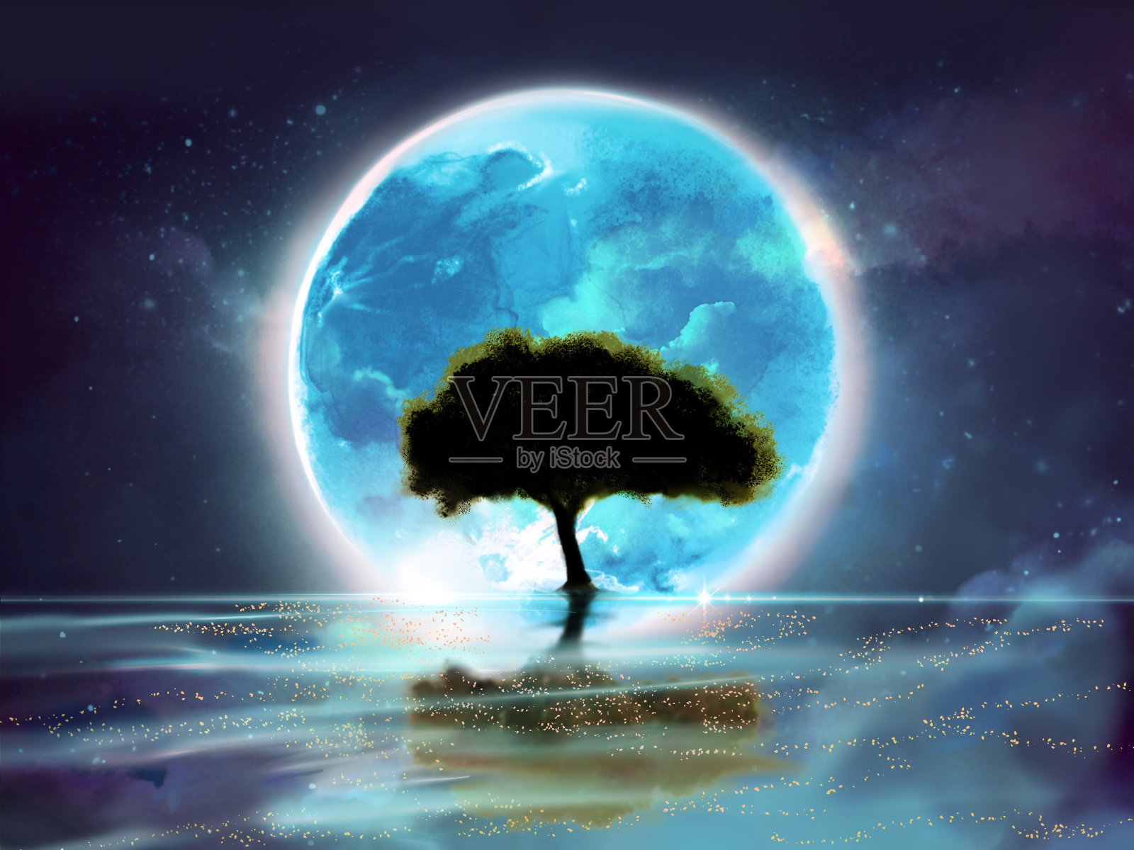 一个巨大的树影剪影的幻想景观背景插图被一个蓝色的满月照亮了水面。插画图片素材