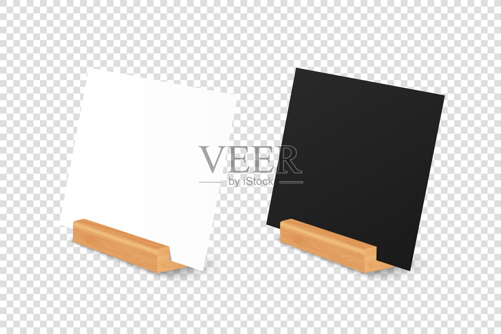 矢量三维现实的白色和黑色正方形空白纸，卡片上的木架，站。设计模板的模型，菜单框架，小册子。亚克力帐篷卡。半转弯，侧视图插画图片素材
