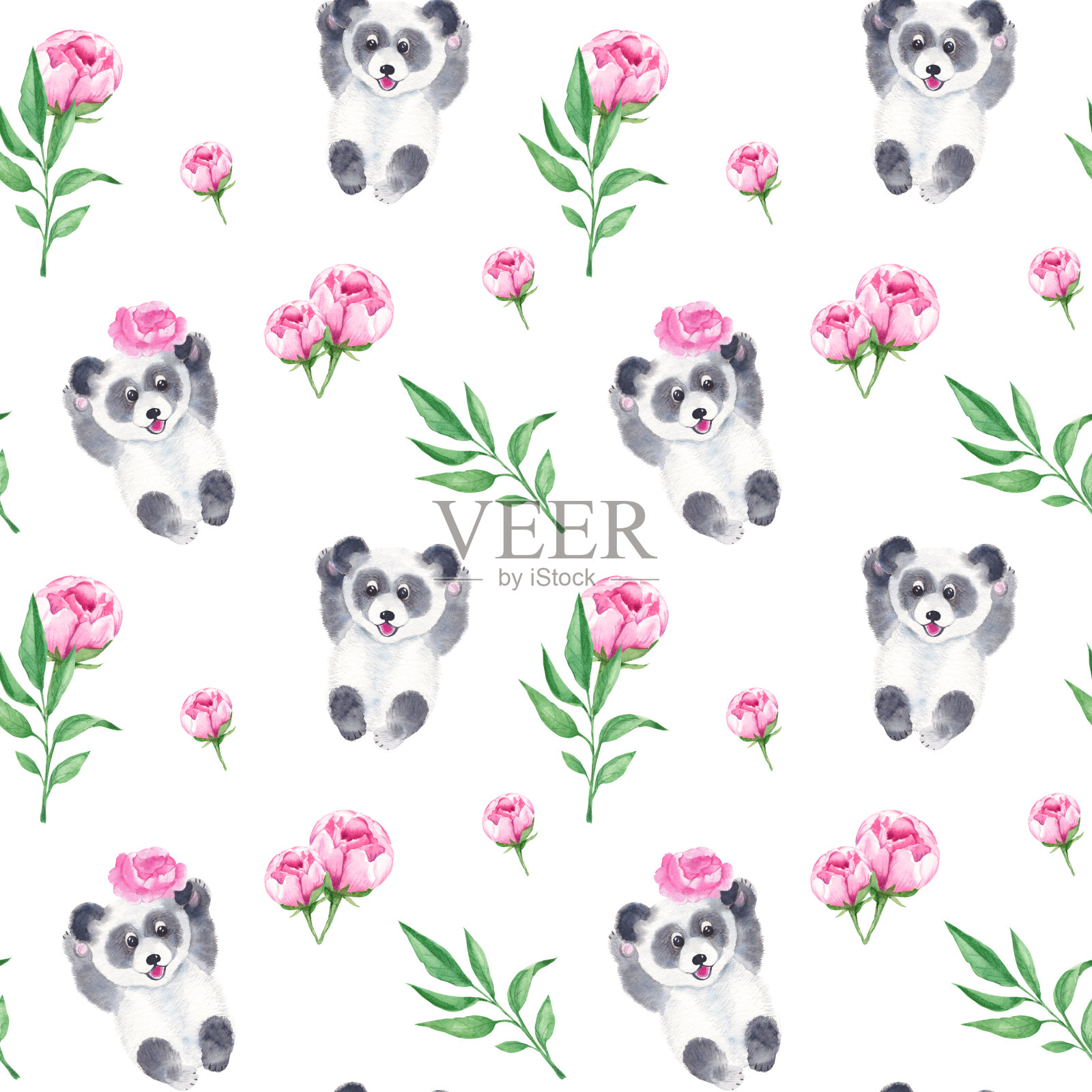 无缝图案与可爱的熊猫和牡丹花。水彩手绘插图。插画图片素材
