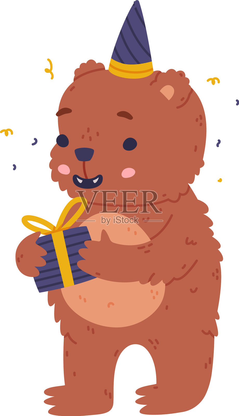 熊宝宝戴着派对帽，拿着礼品盒，可爱狂野设计元素图片