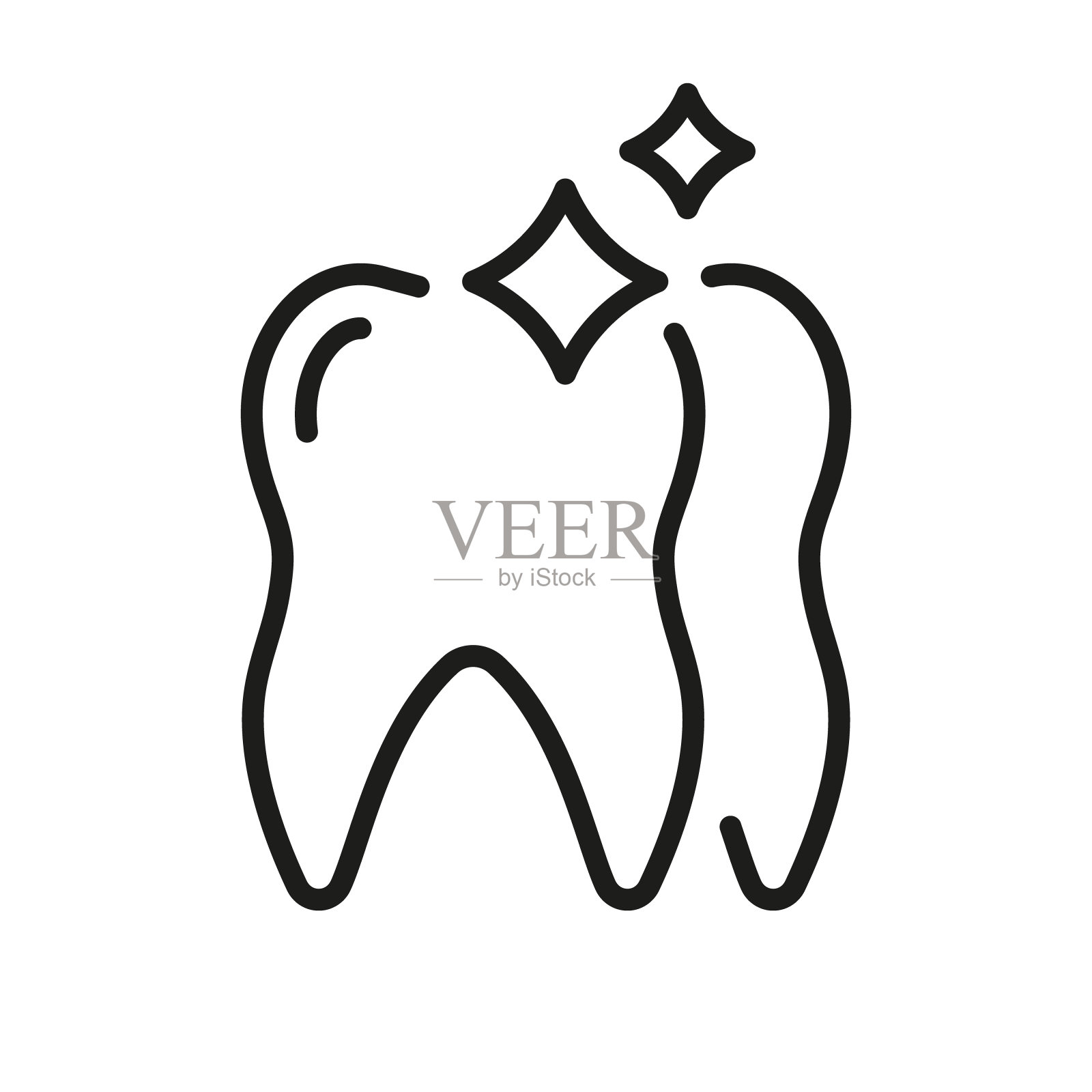 牙齿发光线图标。牙科单板。牙齿医疗线形象形图。牙科治疗标志。人体陶瓷贴面。牙科轮廓符号。可编辑的中风。孤立矢量图插画图片素材