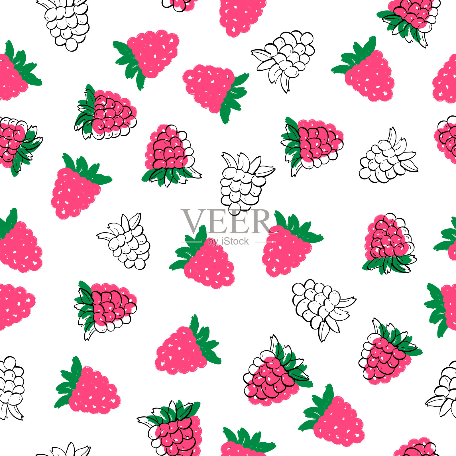 图案以粉红色、黑色和白色的覆盆子为屏障，象征夏天。适用于节日贺卡、季节性暑假邀请、沙滩派对、包装。插画图片素材