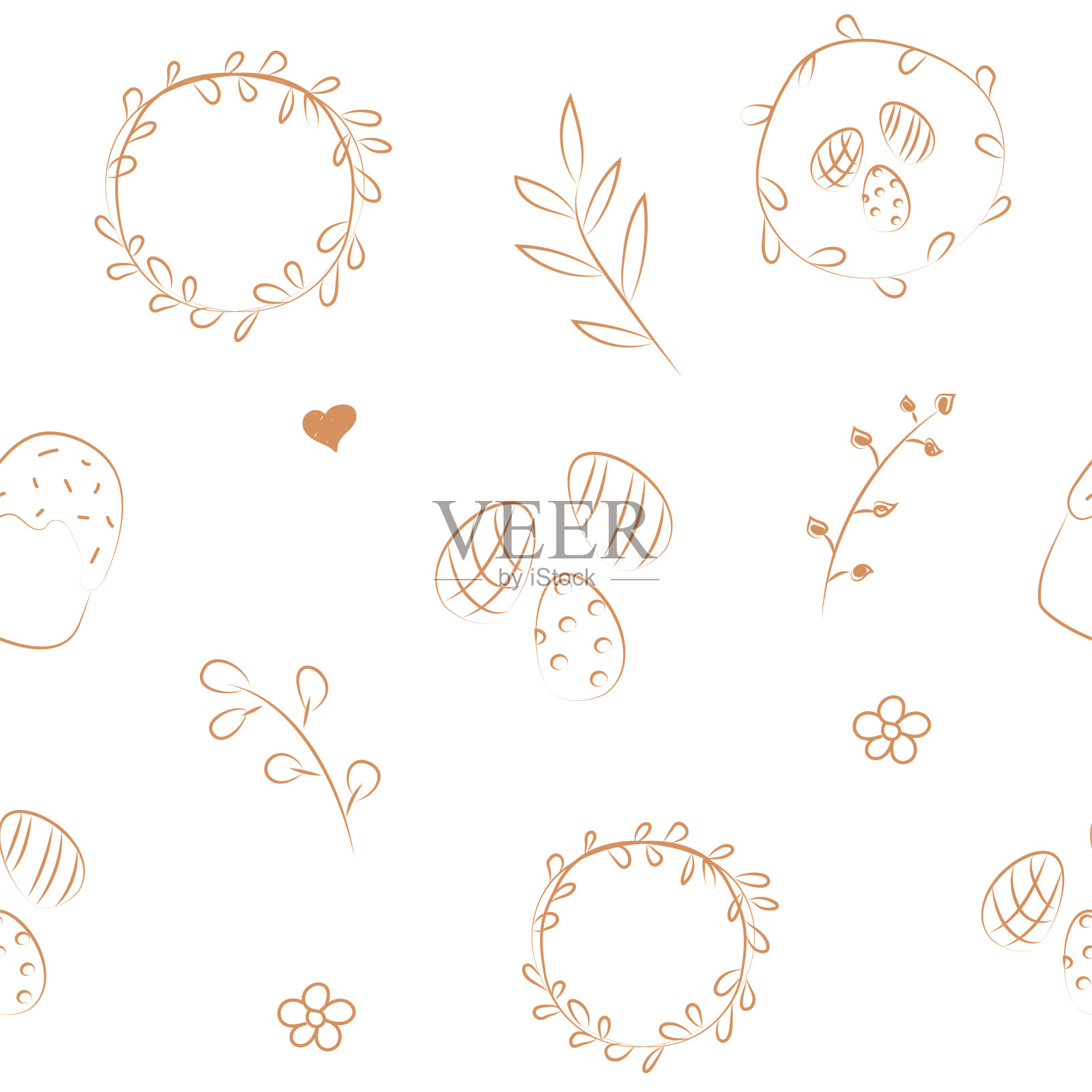 矢量插图。颜色可爱的手绘无缝图案。节日背景与复活节涂鸦线性符号。设计明信片，横幅，纺织品，壁纸和其他促销产品。设计元素图片