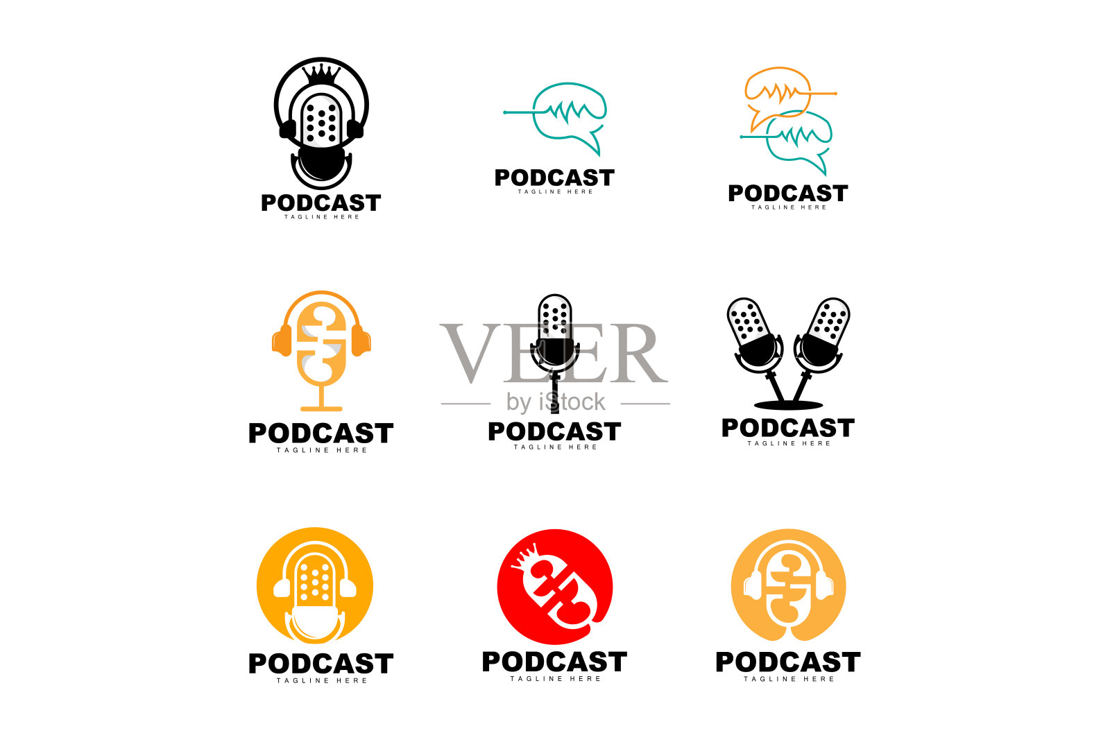 播客标志，矢量，耳机和聊天，简单的复古麦克风设计插画图片素材