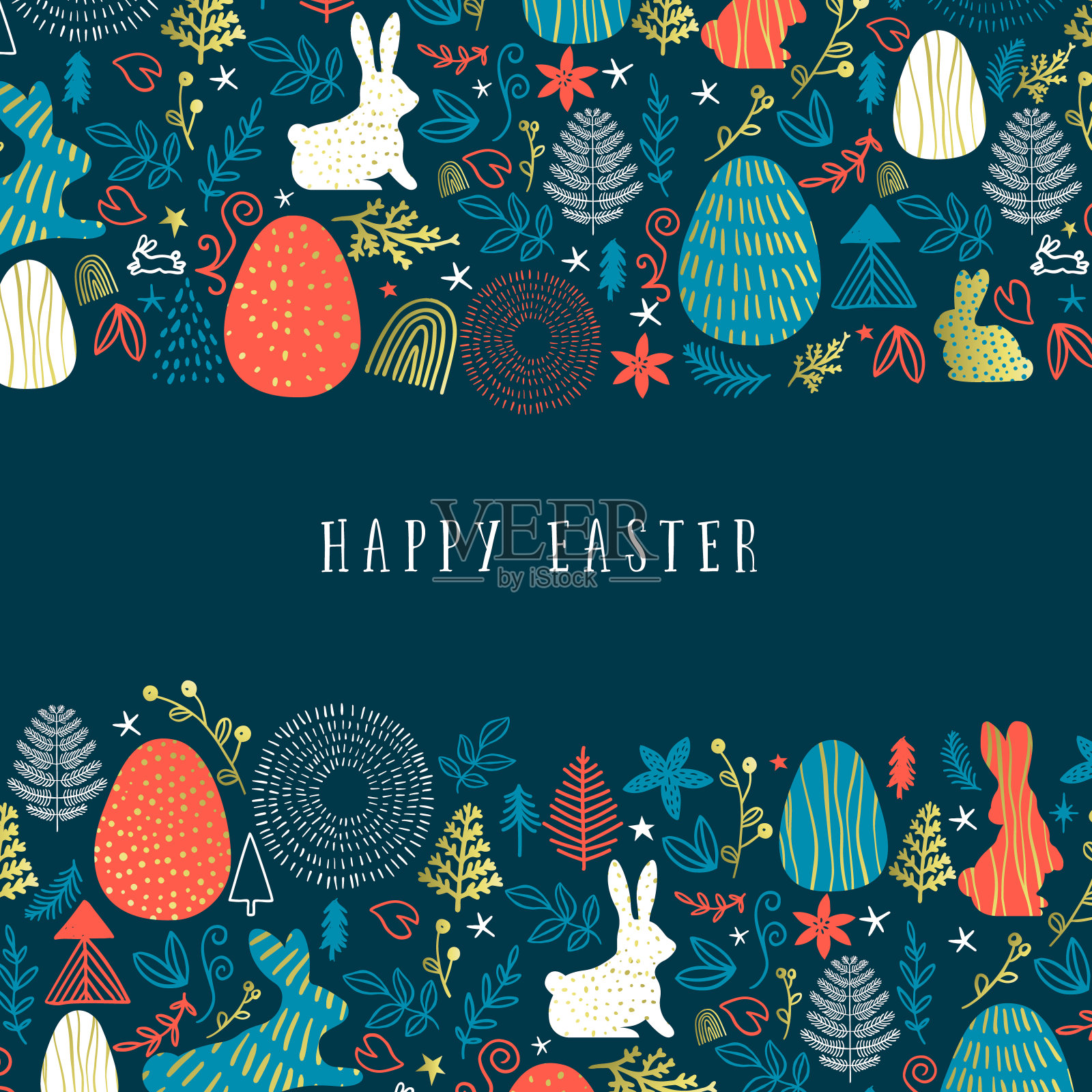 手绘民间风格的复活节快乐涂鸦，贺卡插图插画图片素材