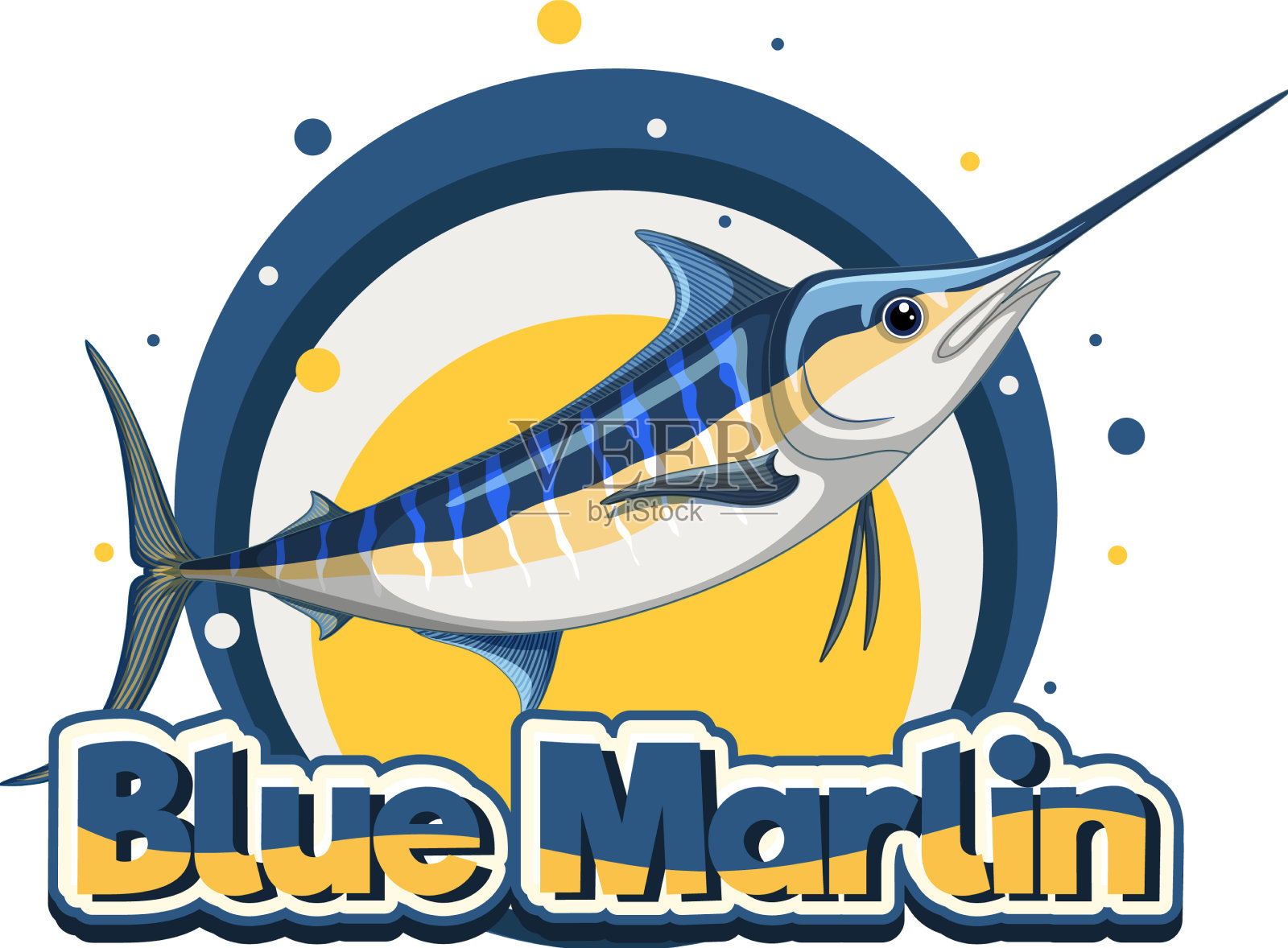 蓝色马林鱼标志与纸箱字符设计元素图片