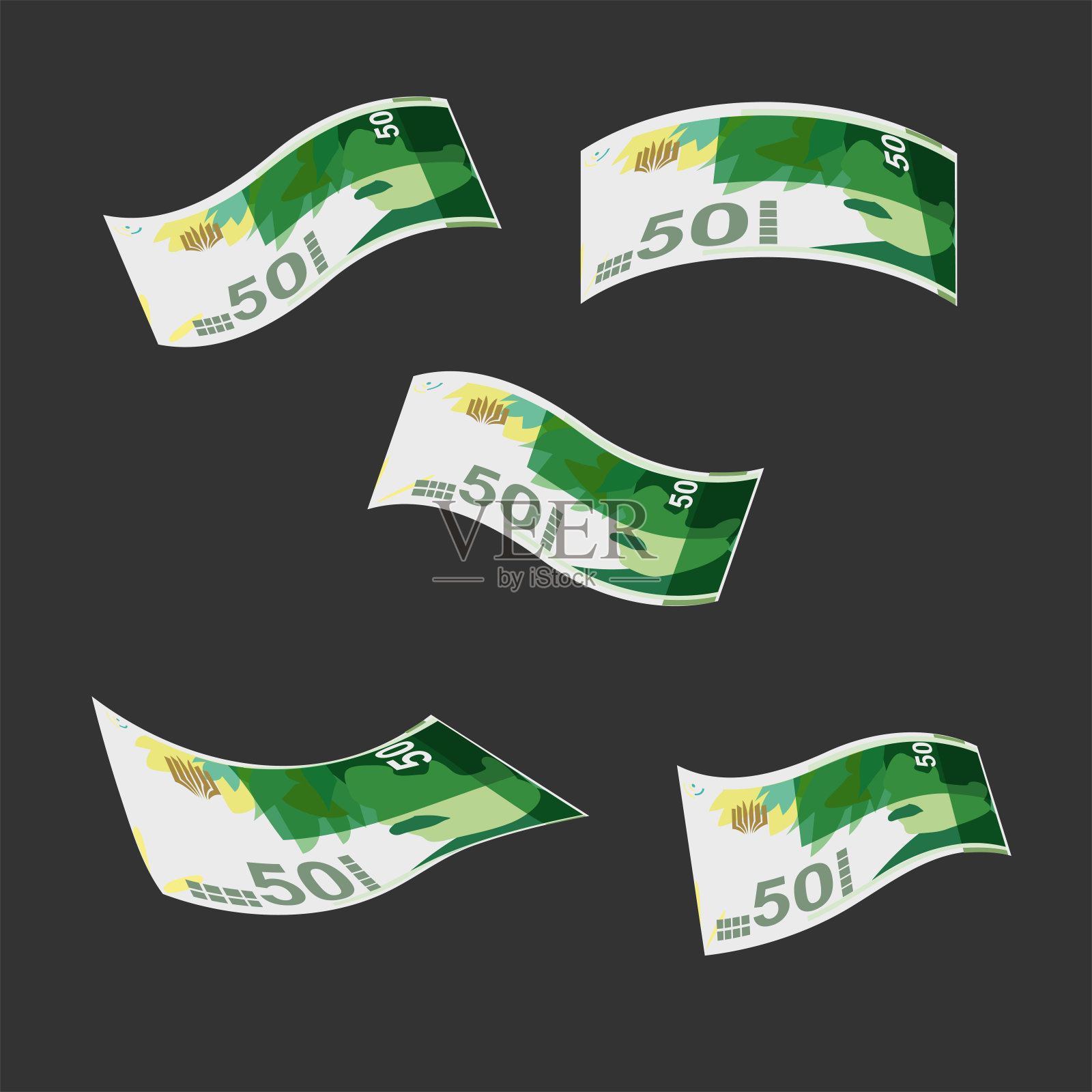 新以色列谢克尔矢量插图。印尼、东帝汶货币套捆钞票。坠落，飞钱50 ILS。平的风格。孤立在白色背景上。简单的最小设计。插画图片素材