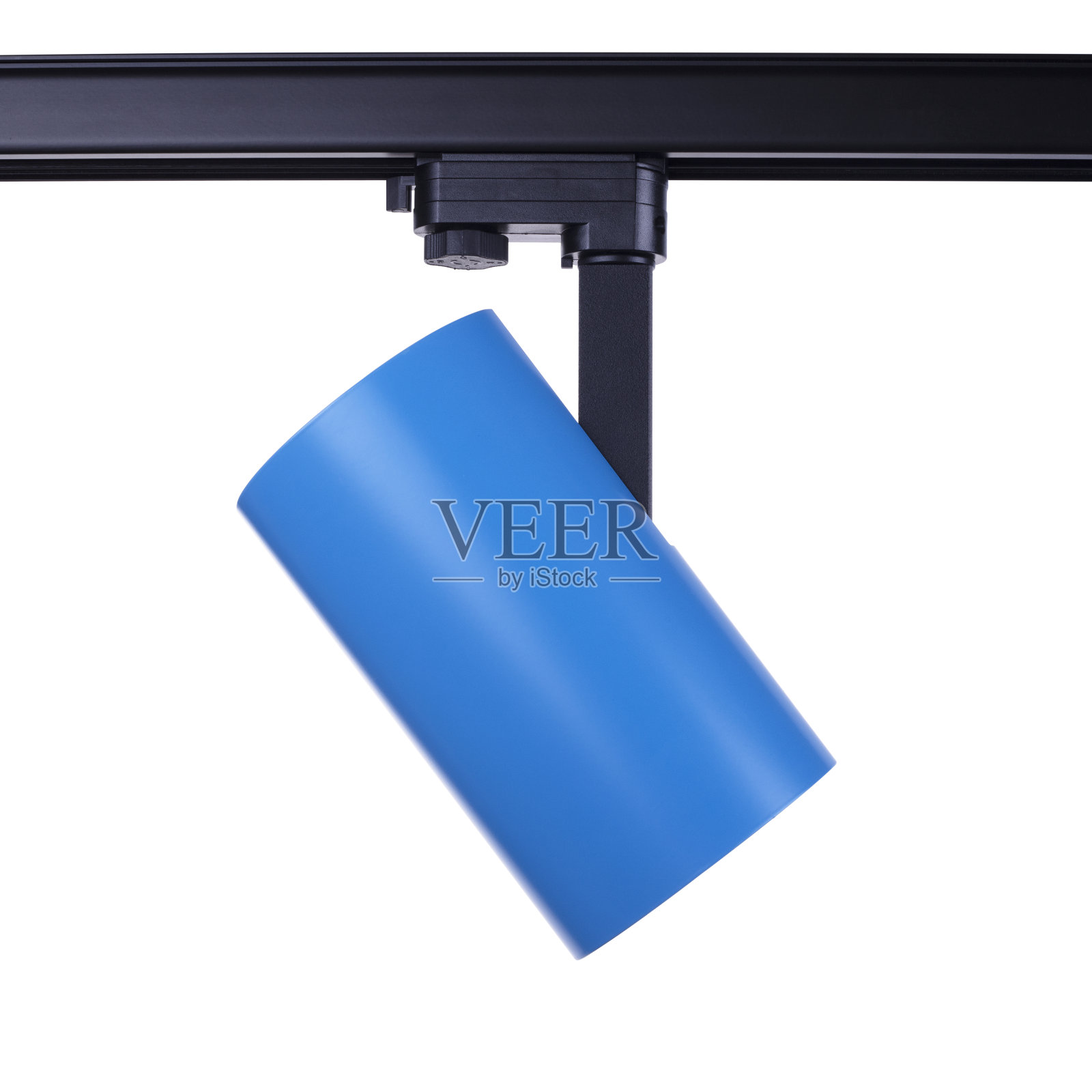 轨道照明隔离在白色背景上，蓝色灯，LED灯具。照片摄影图片