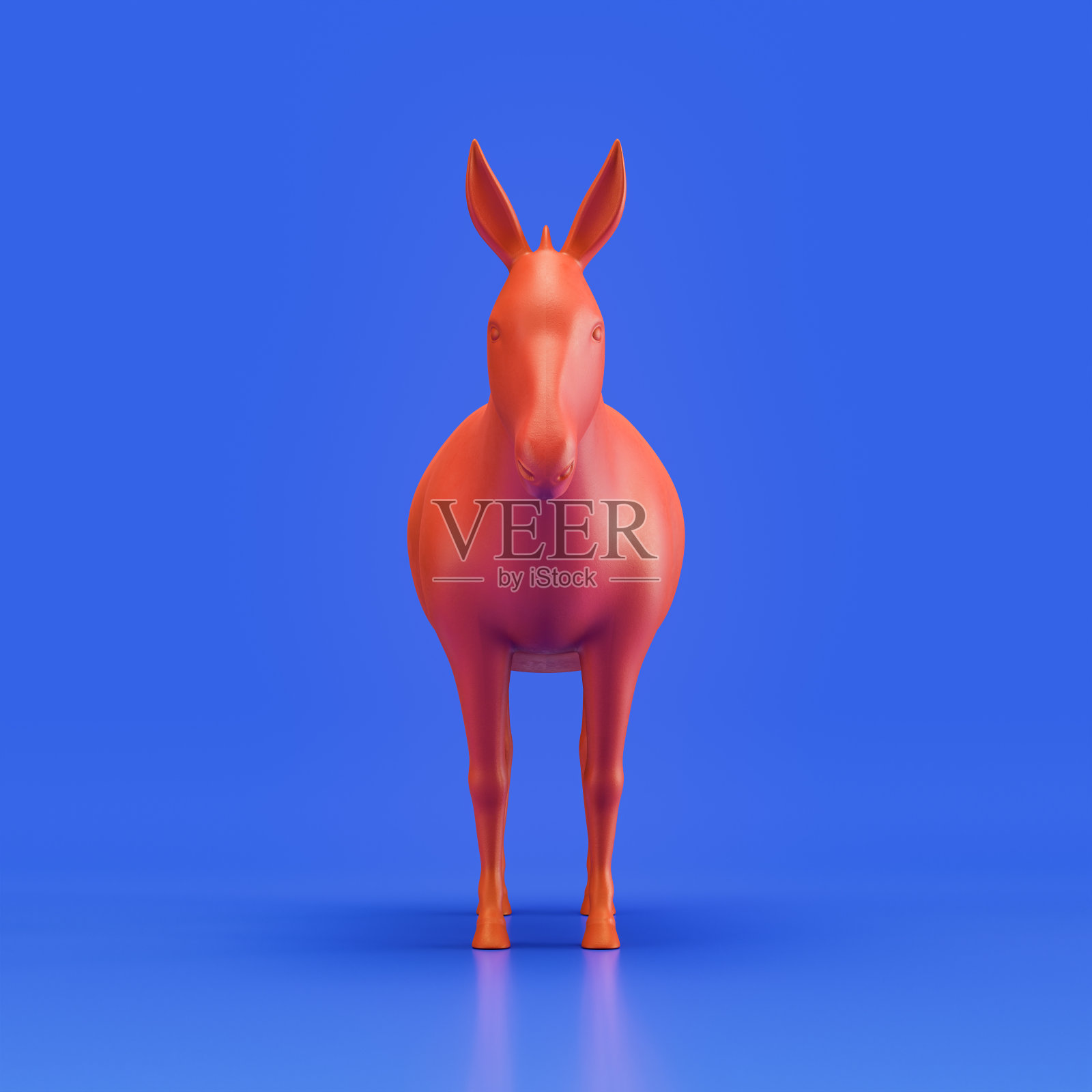 驴单色单色动物。红色单动物从正面视图，单色动物在蓝色工作室，3d渲染照片摄影图片