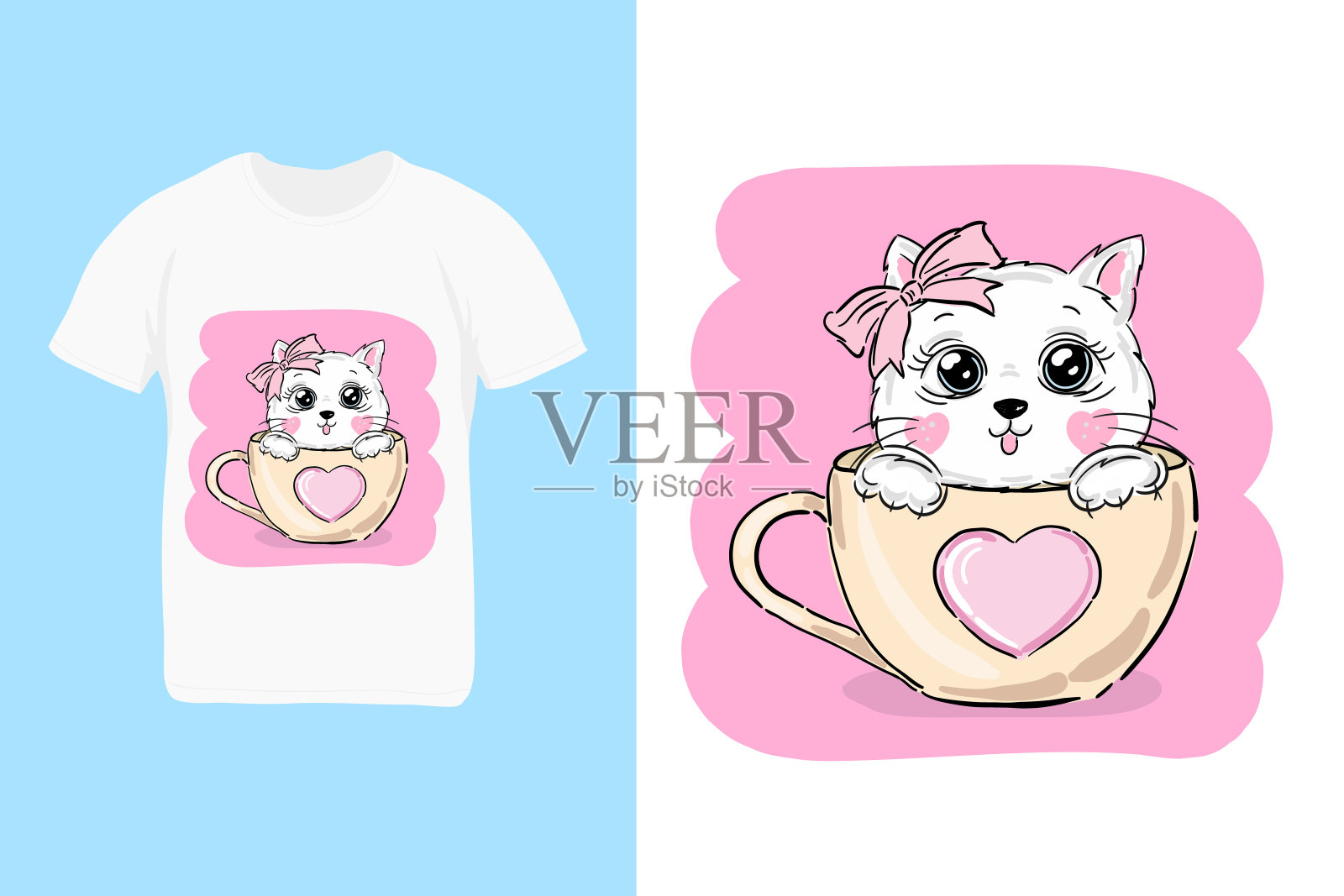 t恤设计可爱的猫在杯子与粉红色的心，儿童时尚印花插画图片素材