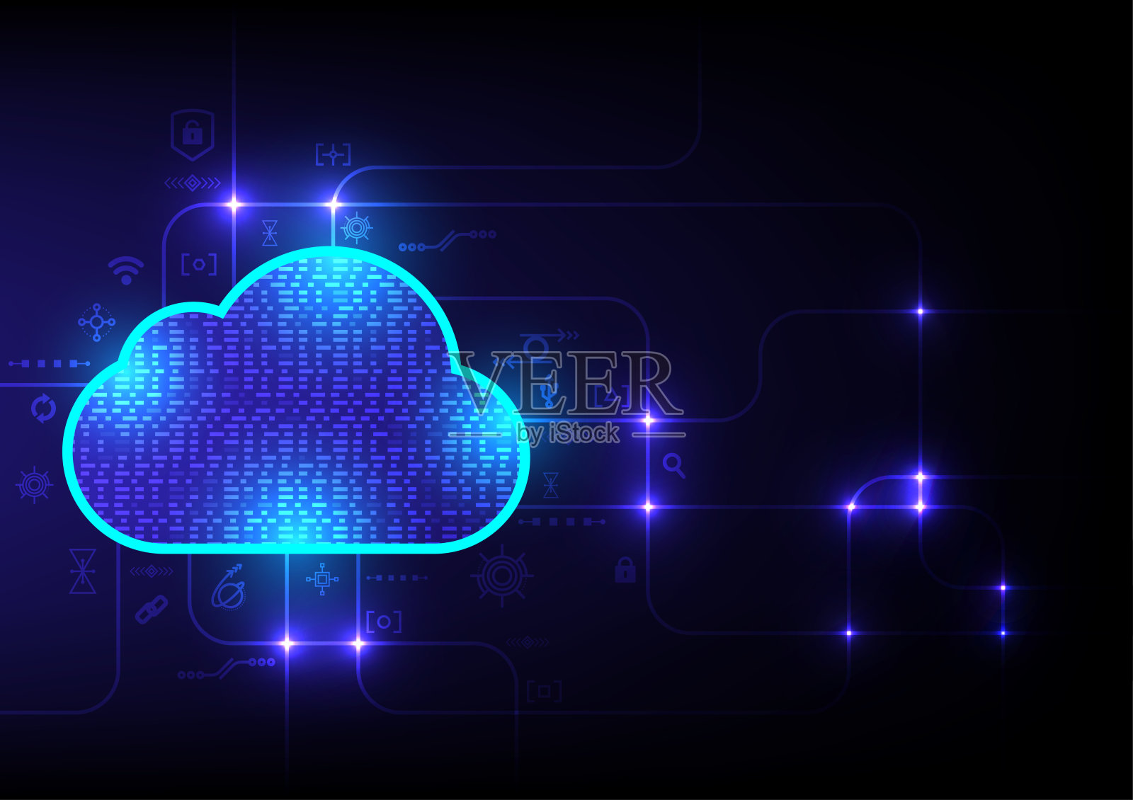 一束明亮的蓝光沿着一条线运行。数据传输。云计算。数字技术概念。矢量图插画图片素材