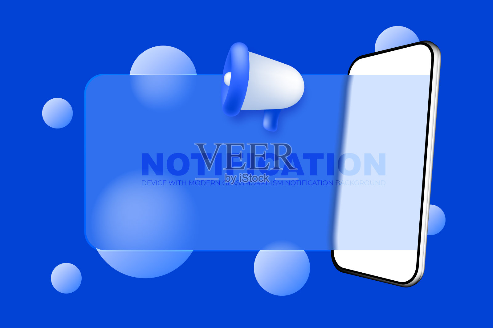 智能手机与扩音器3d形状玻璃形态风格广告矢量模板。设备应用广告背景。插画图片素材