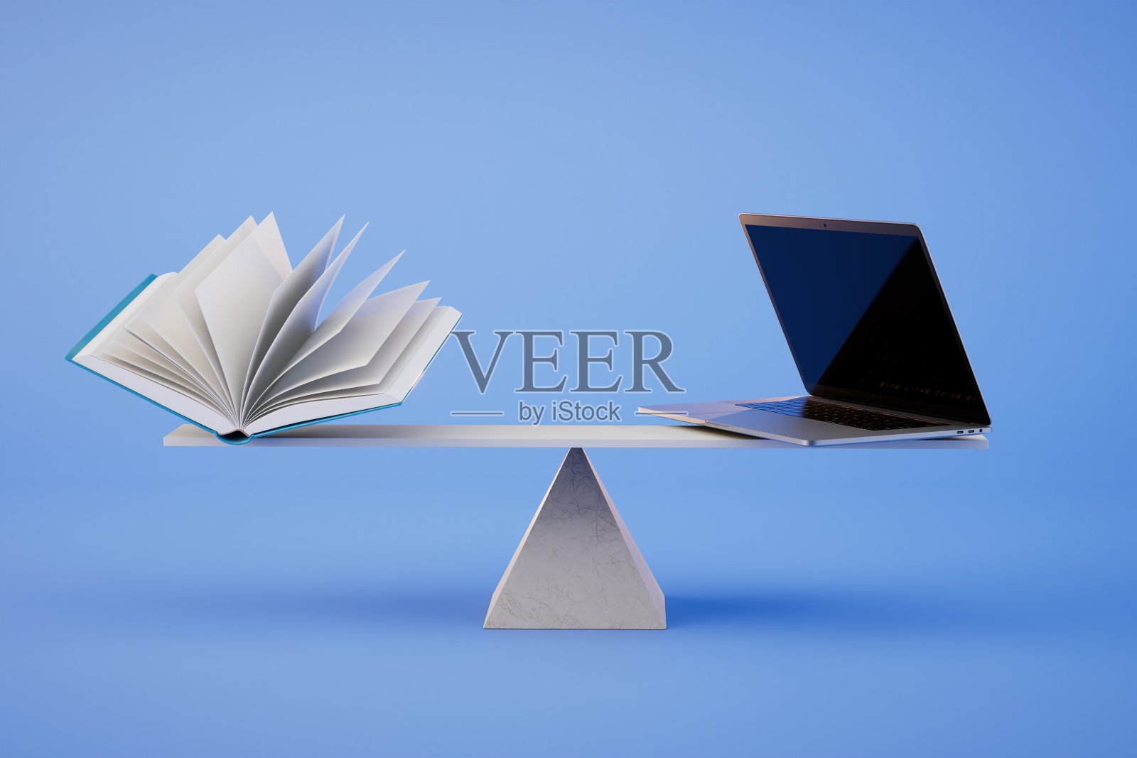 在笔记本电脑和书之间选择。一本书和一台笔记本电脑放在蓝色背景的秤上。三维渲染照片摄影图片