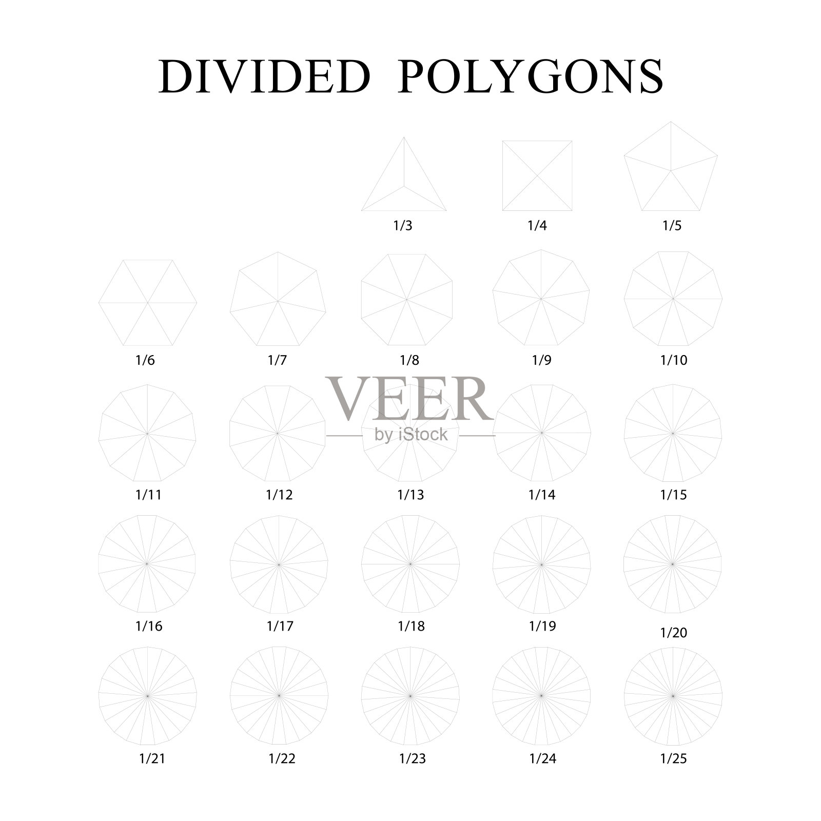 多边形被分成3到25个部分的等段，孤立在白色背景上。向量。插画图片素材