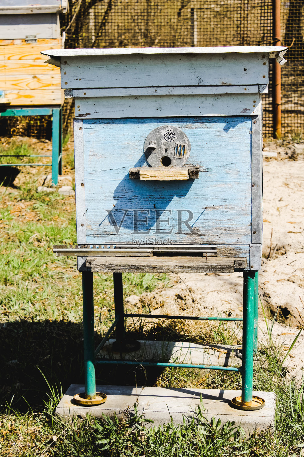 蜂蜜是一种养蜂产品。蜜蜂飞出来，飞进一个木制老式蜂箱的圆形入口照片摄影图片
