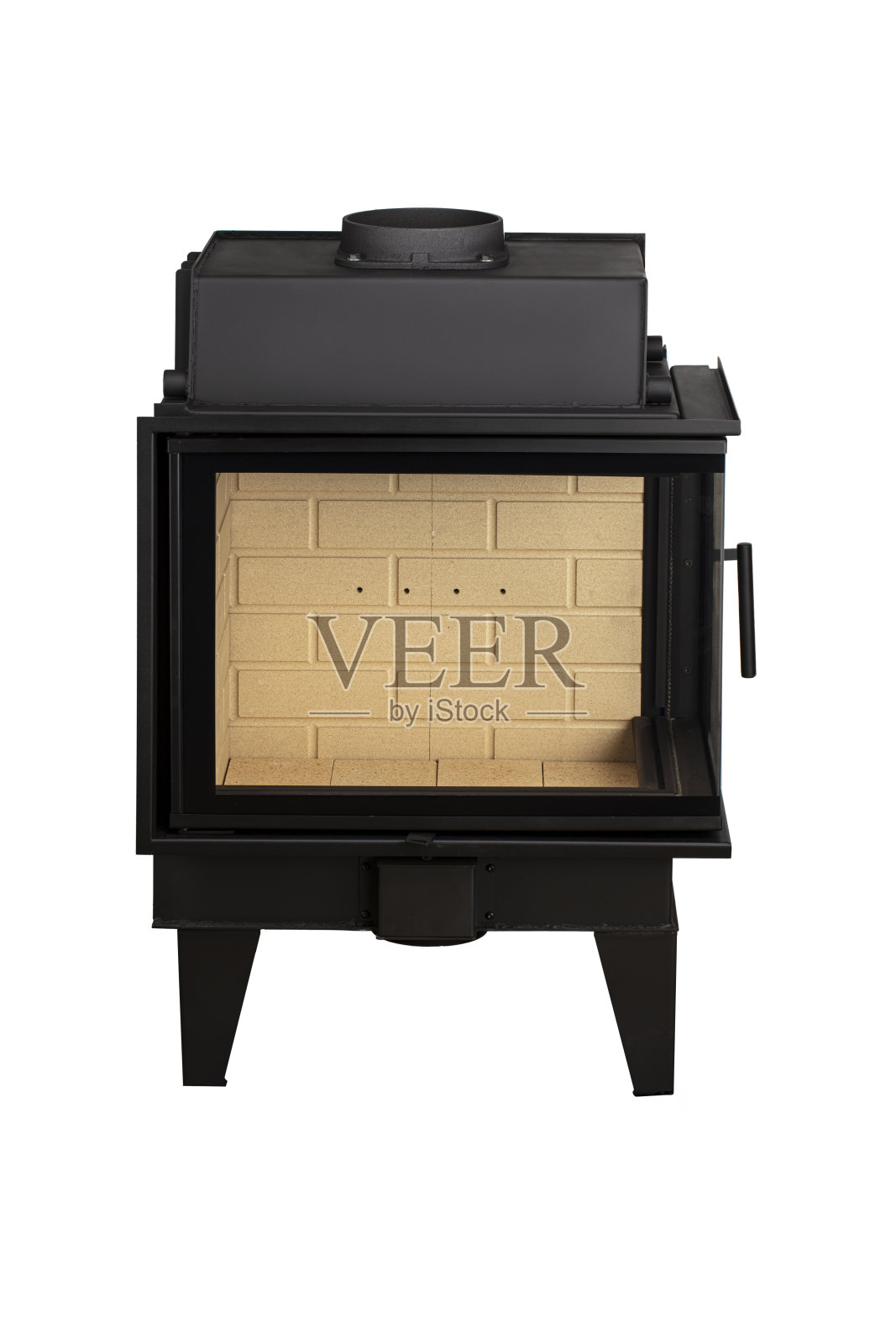 用金属和耐热玻璃加热的现代壁炉。固体燃料锅炉隔离在白色背景上。照片摄影图片