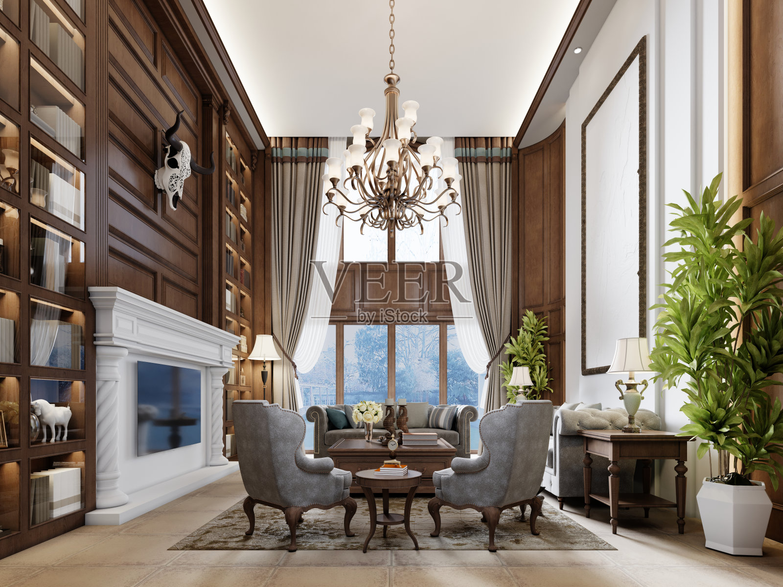 宽敞的休息区，天花板很高，墙壁上有美式风格的木镶板，还有一扇通往天花板的大窗户。照片摄影图片