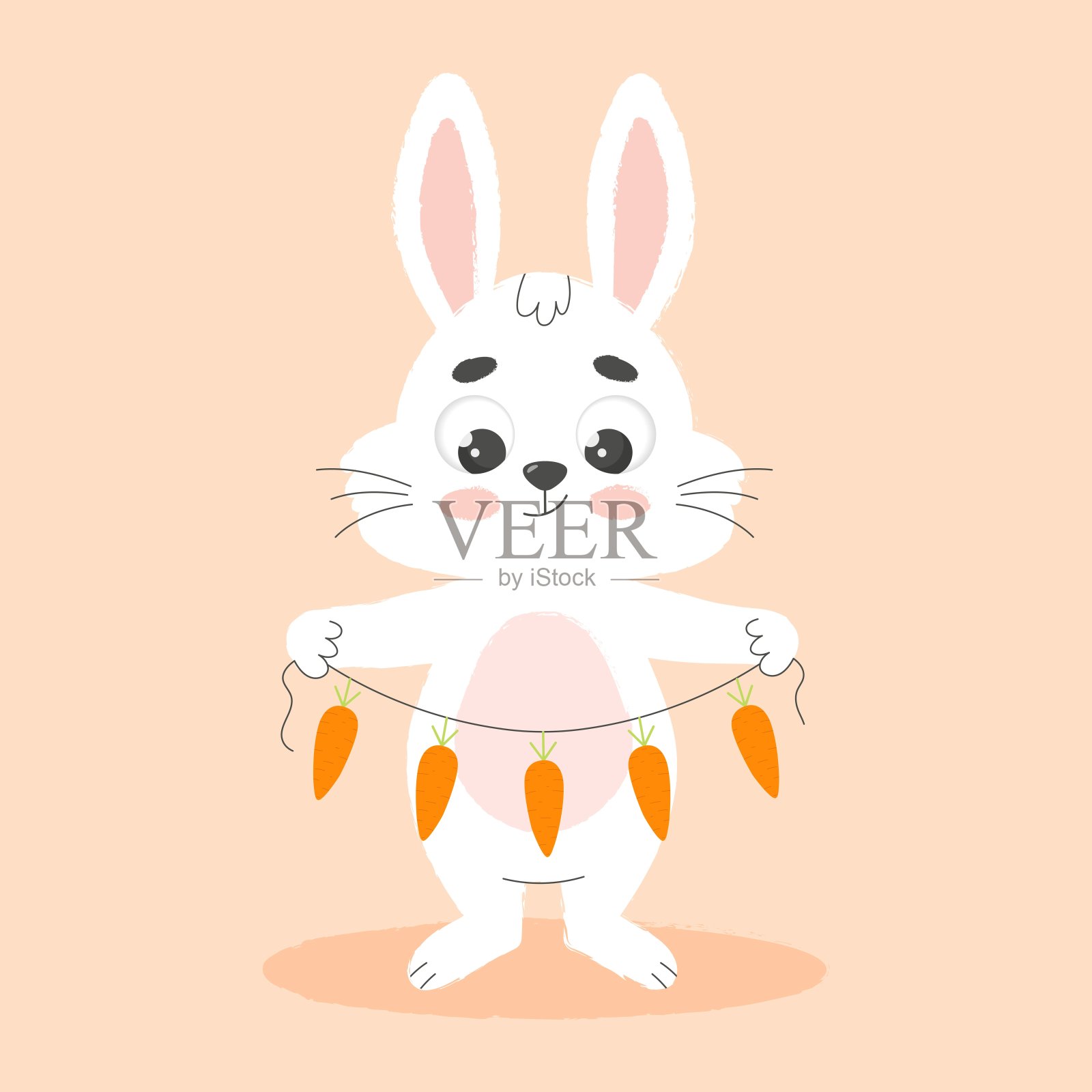 可爱的白色复活节兔子拿着胡萝卜花环。卡通矢量插图。设计元素图片