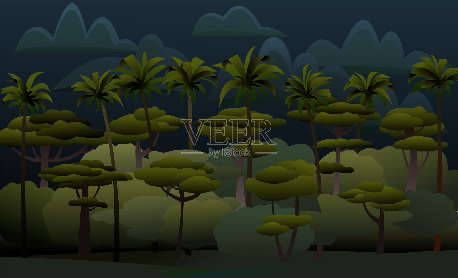 茂密的野生丛林。美丽的棕榈树。热带雨林景观。黑夜黄昏。杂草丛生的丛林。南方自然。卡通趣味风格。平面设计。向量插画图片素材