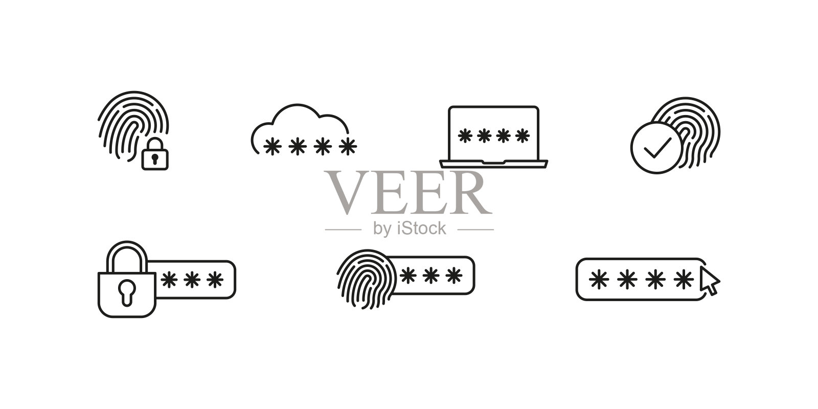 锁定和解锁密码安全矢量图标。挂锁安全标志。指纹和生物数据隐私图标设置。图标素材