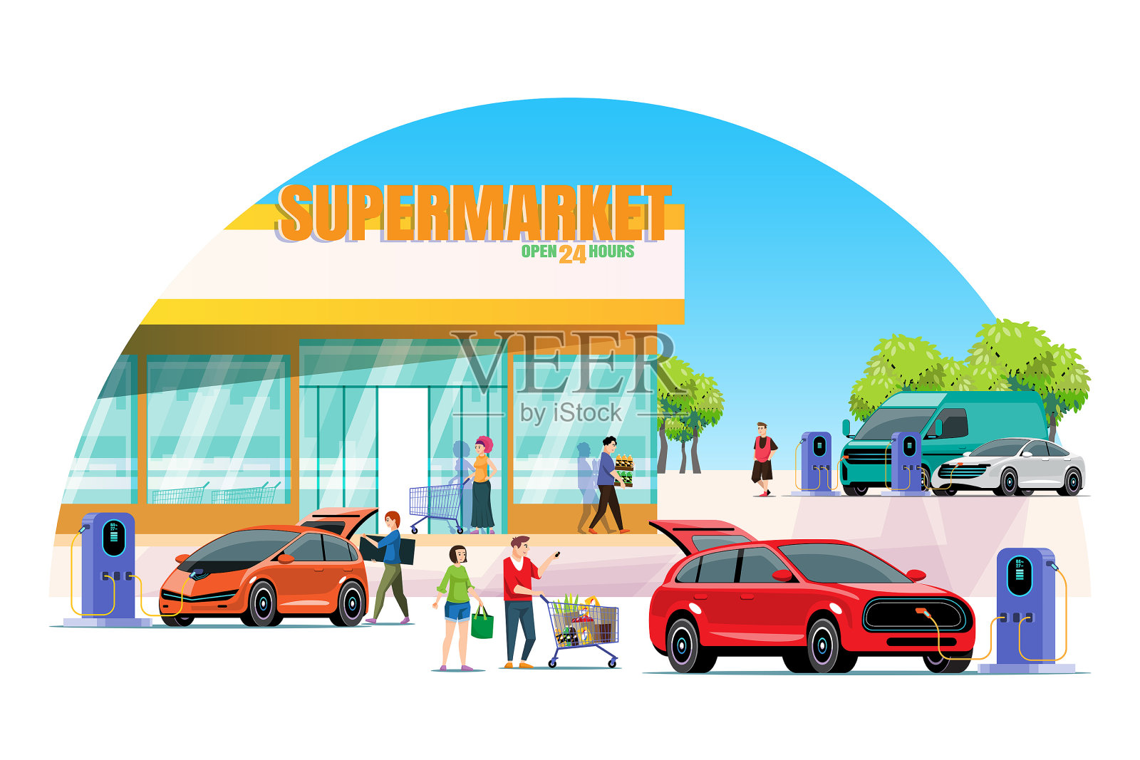 超市附近的电动汽车充电站。人们使用现代电动汽车充电站。城市社会的生活理念。矢量图插画图片素材
