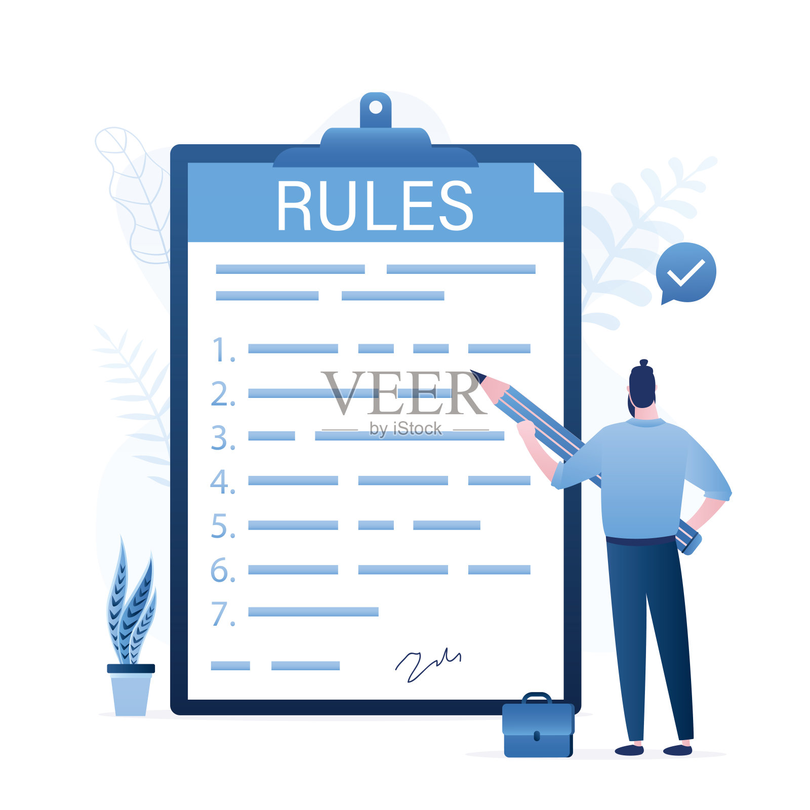 男经理签署规章制度文件。员工应遵守的政策和指导方针。法律术语，公司合规或法律，标准程序。带铅笔的商人插画图片素材