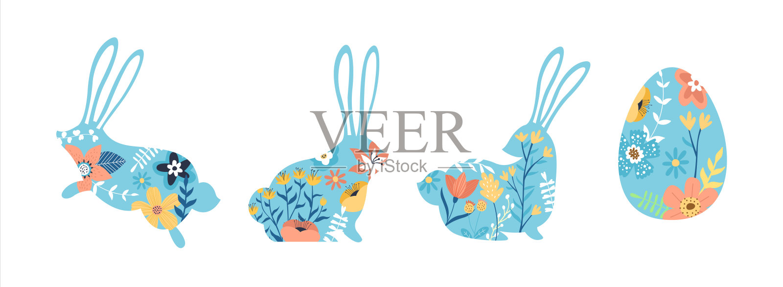 复活节彩蛋和兔子与春天的花朵插画图片素材