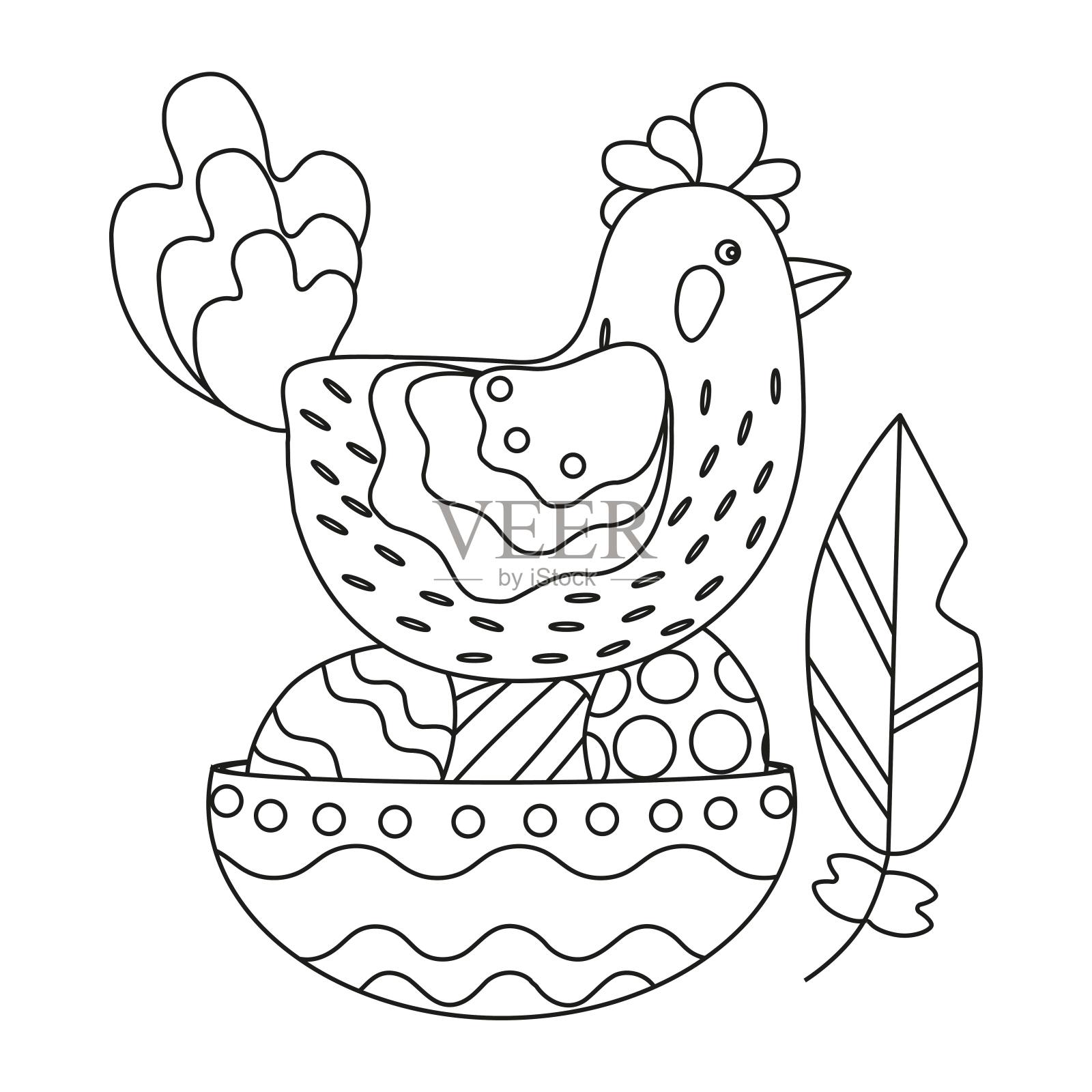 一只鸟，一只鸡坐在有复活节彩蛋的盘子里。线的艺术。矢量插图。插画图片素材