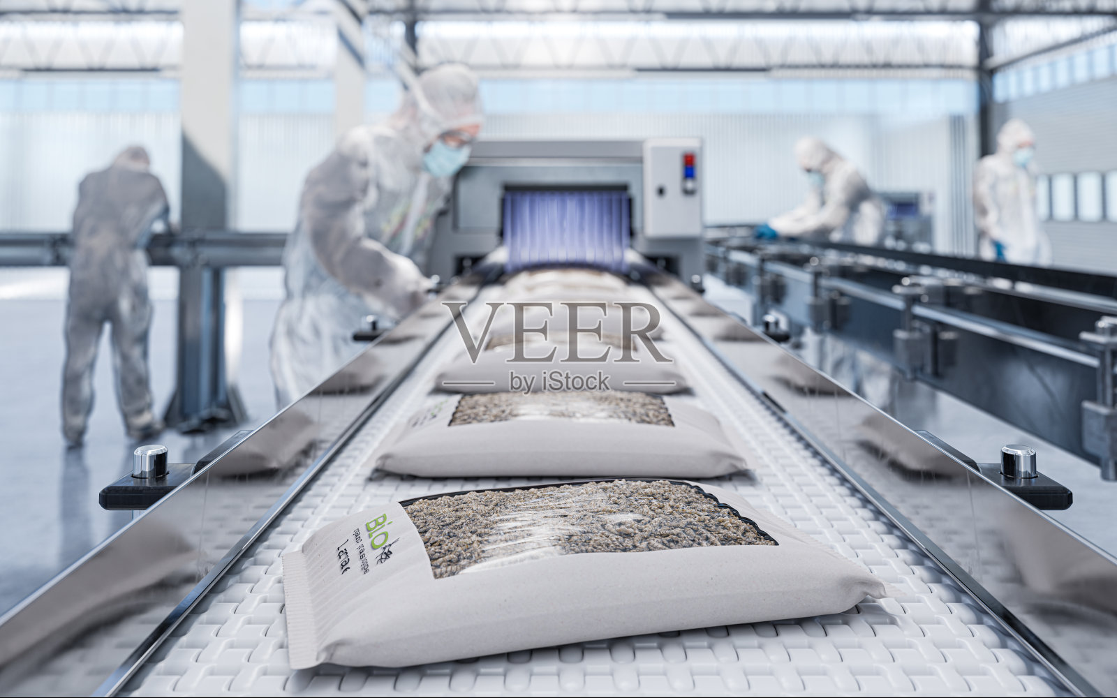 生产线-用纸包装蟋蟀幼虫。三维演示照片摄影图片