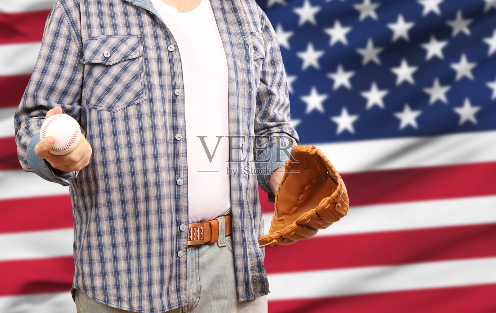 棒球迷。美国国旗。户外。照片摄影图片