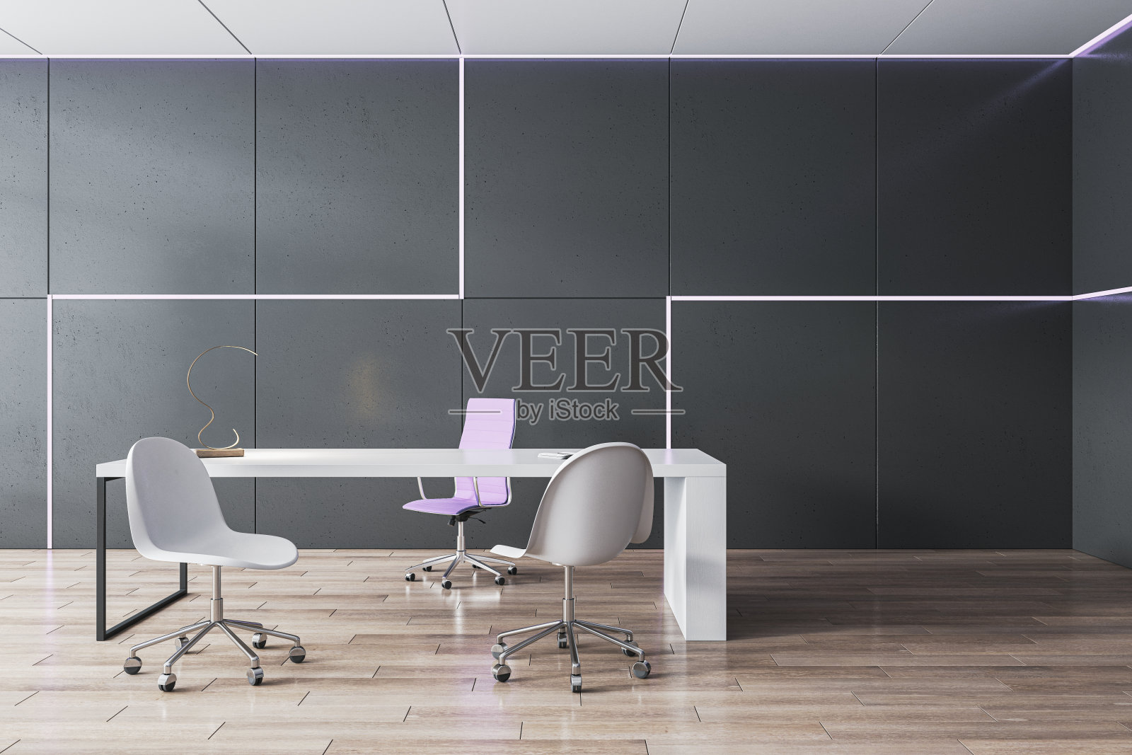 现代木制和混凝土办公室内部家具。3 d渲染。照片摄影图片