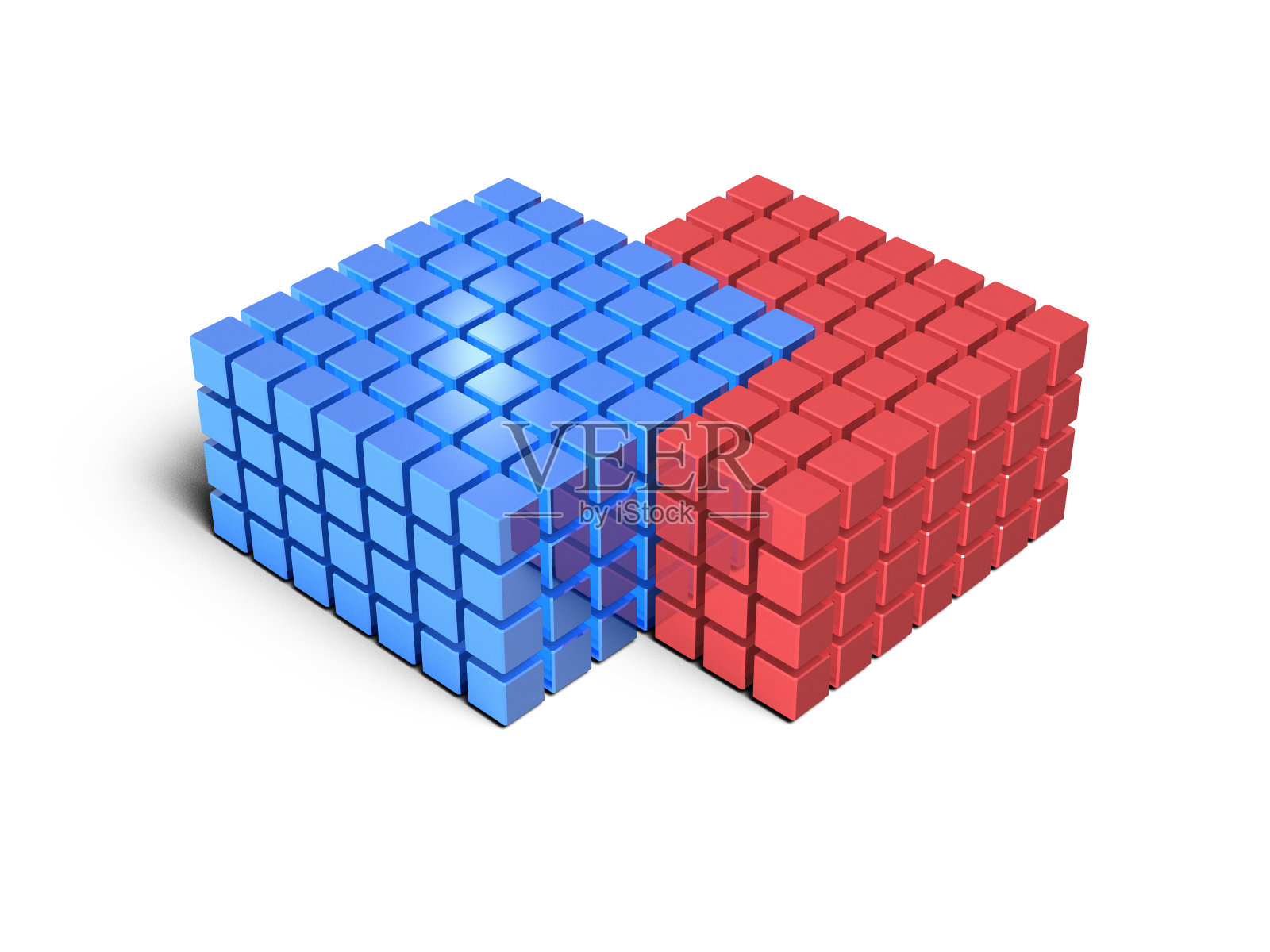 两个相互毗邻且关系紧张的派系。一个是红色的，另一个是蓝色的。敌对的和不可调和的严重性的抽象概念。3 d渲染。白色背景。照片摄影图片