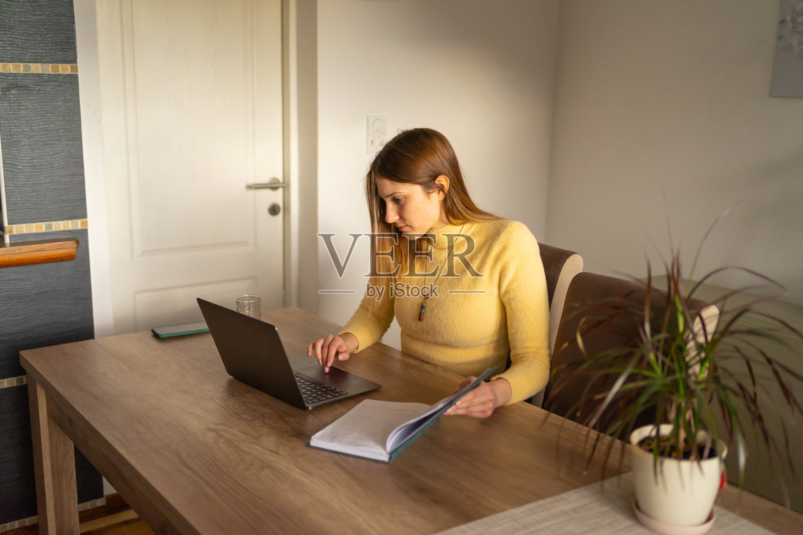 年轻女子在家工作，用笔记本。照片摄影图片