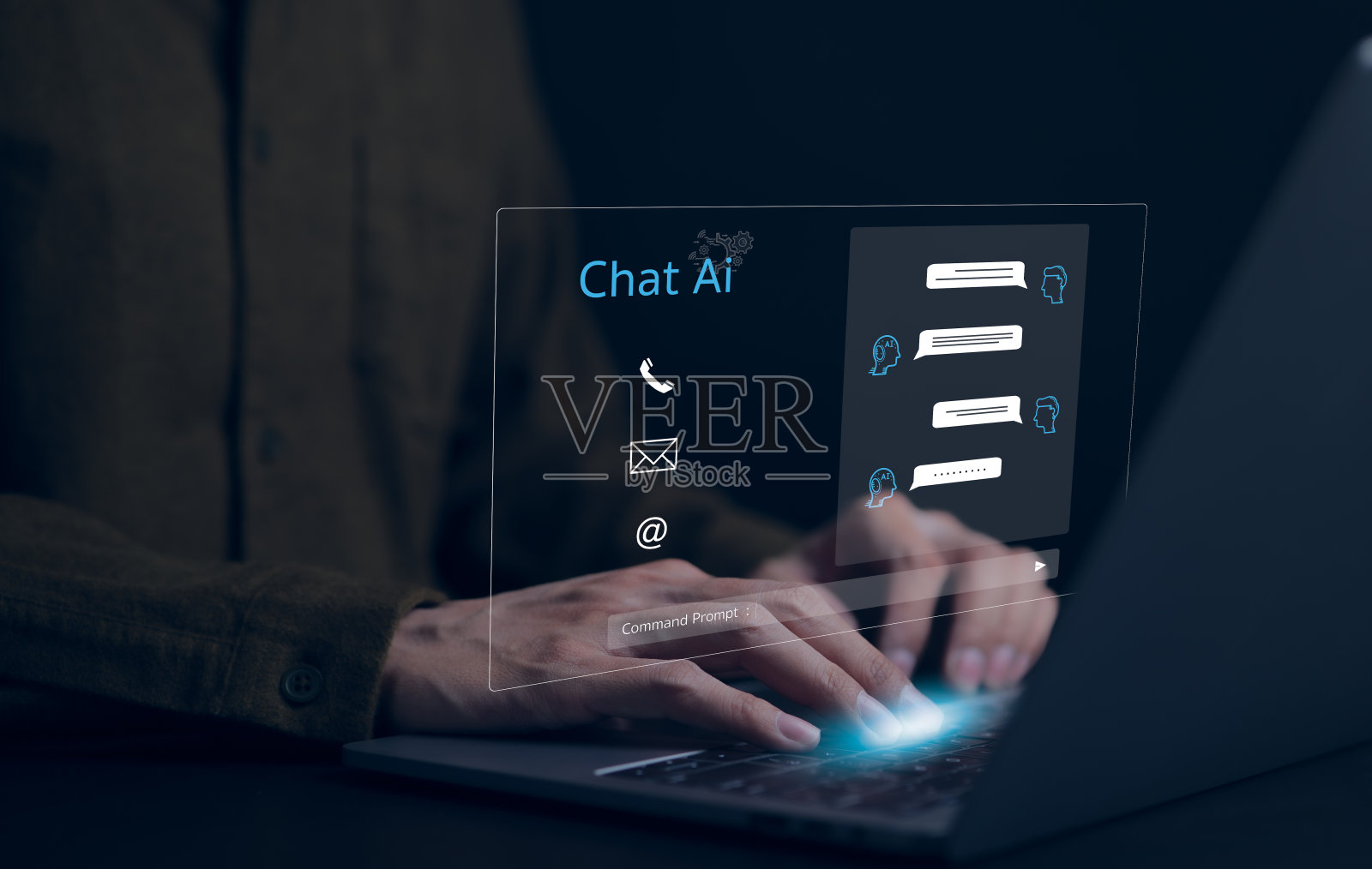 Ai，人工智能的概念使用分析。人类使用AI技术智能机器人，人工智能通过输入命令提示符进行生成，聊天技术具有未来感。照片摄影图片