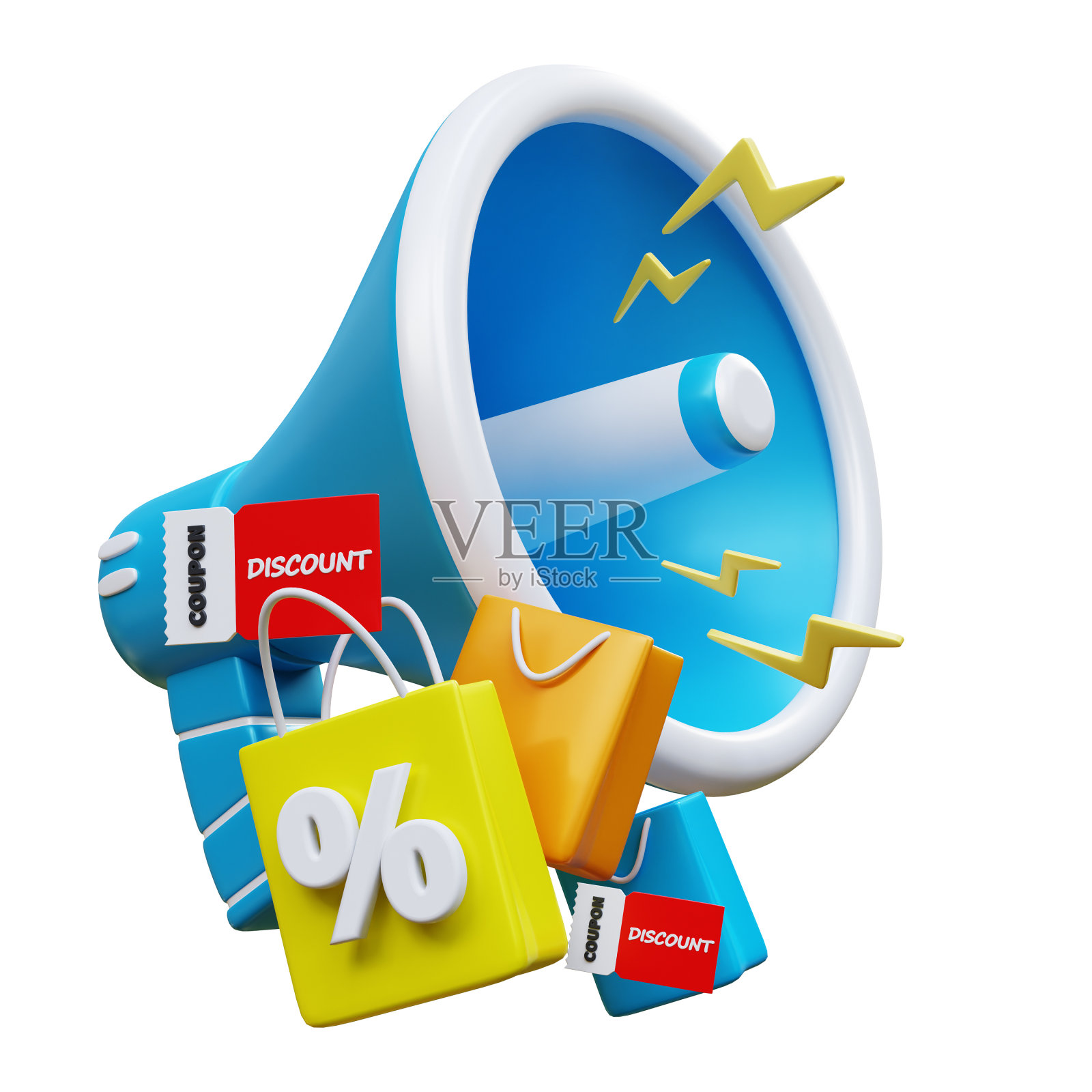 3D扩音器，配有购物袋，闪电符号和折扣券。营销时间概念。配有扩音器的在线新闻。社交媒体推广。现实元素孤立。三维渲染照片摄影图片