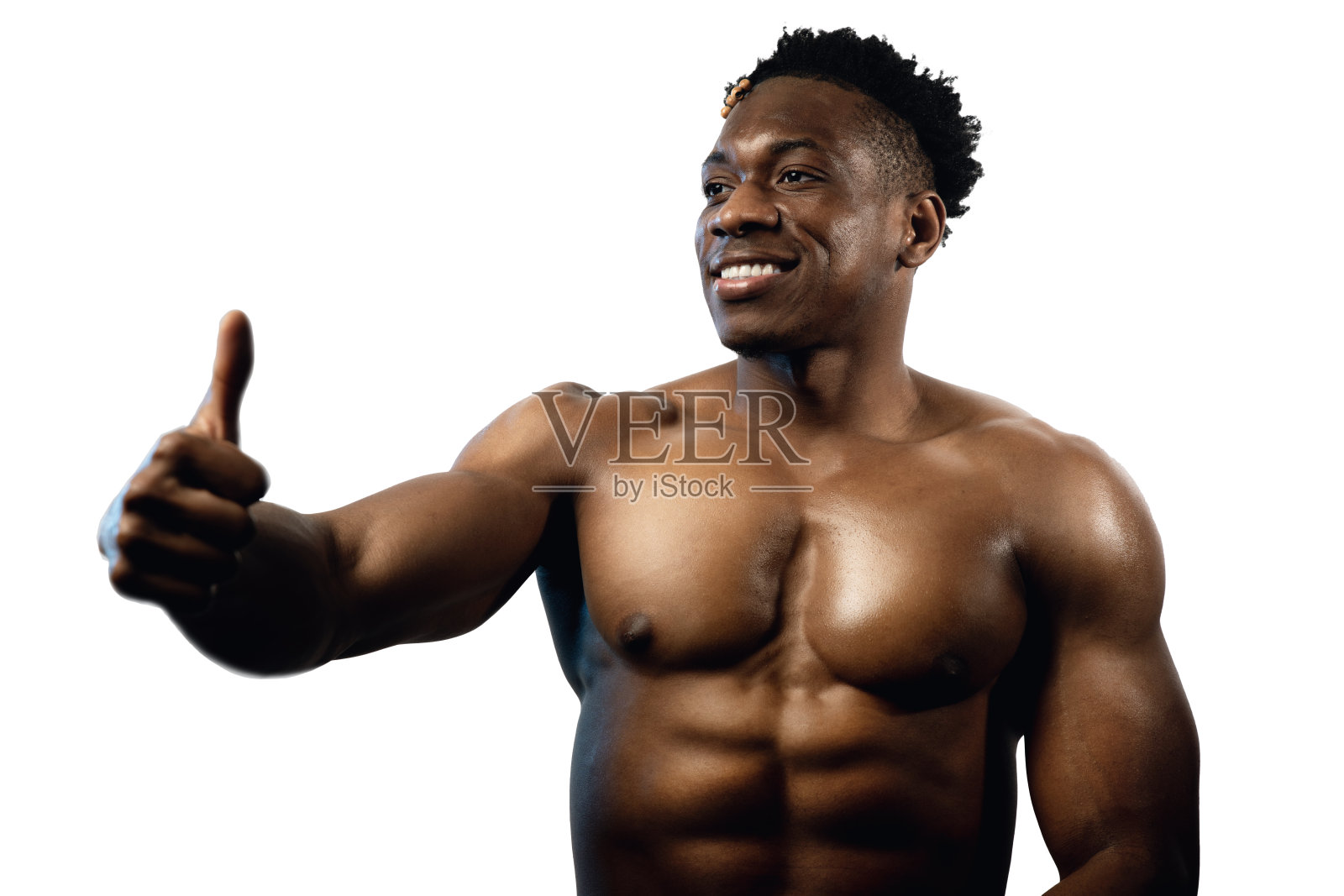 肖像的肌肉黑人男子与大拇指在透明的背景。照片摄影图片